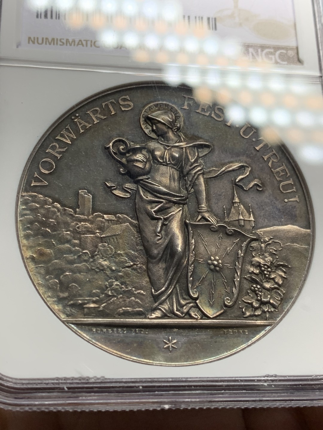 《竞宝斋》第143场-周日，周一 2场 (全场包邮) NGC MS63 1896年 瑞三阿尔高射击节银章 稀少热门品种 镜面底板 高分品质 高点俱在,近乎完美,收藏一步到位