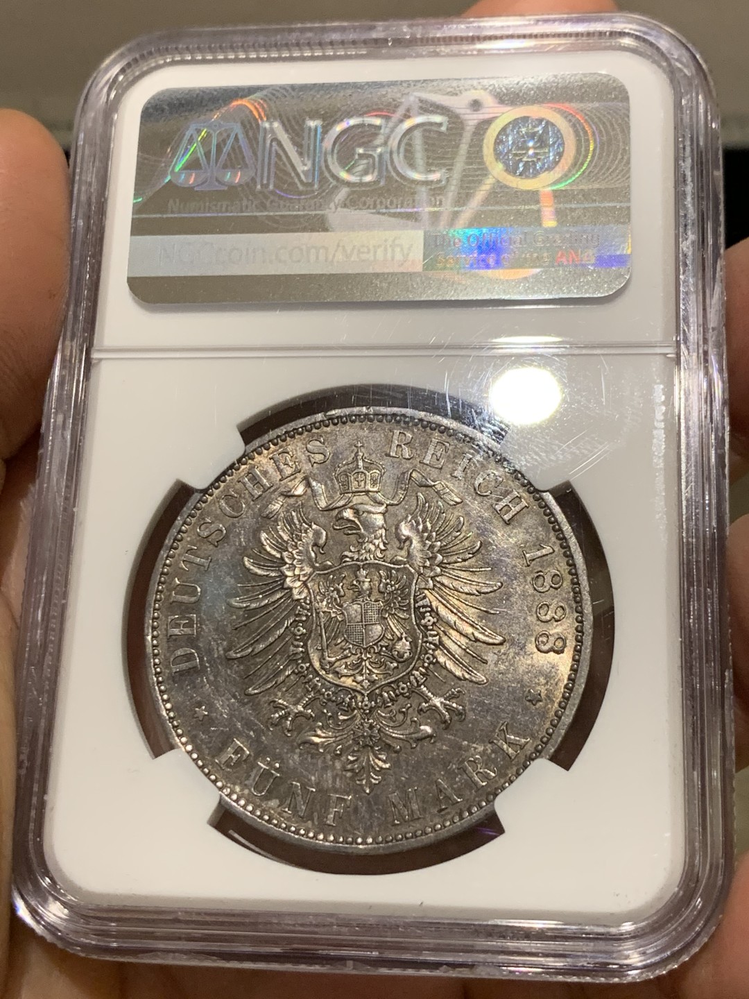 《竞宝斋》第143场-周日，周一 2场 (全场包邮) NGC-AU 德国 1888年 5马克 银币 普鲁士 弗雷德里希三世 三皇年马克 少见品种 好品难得