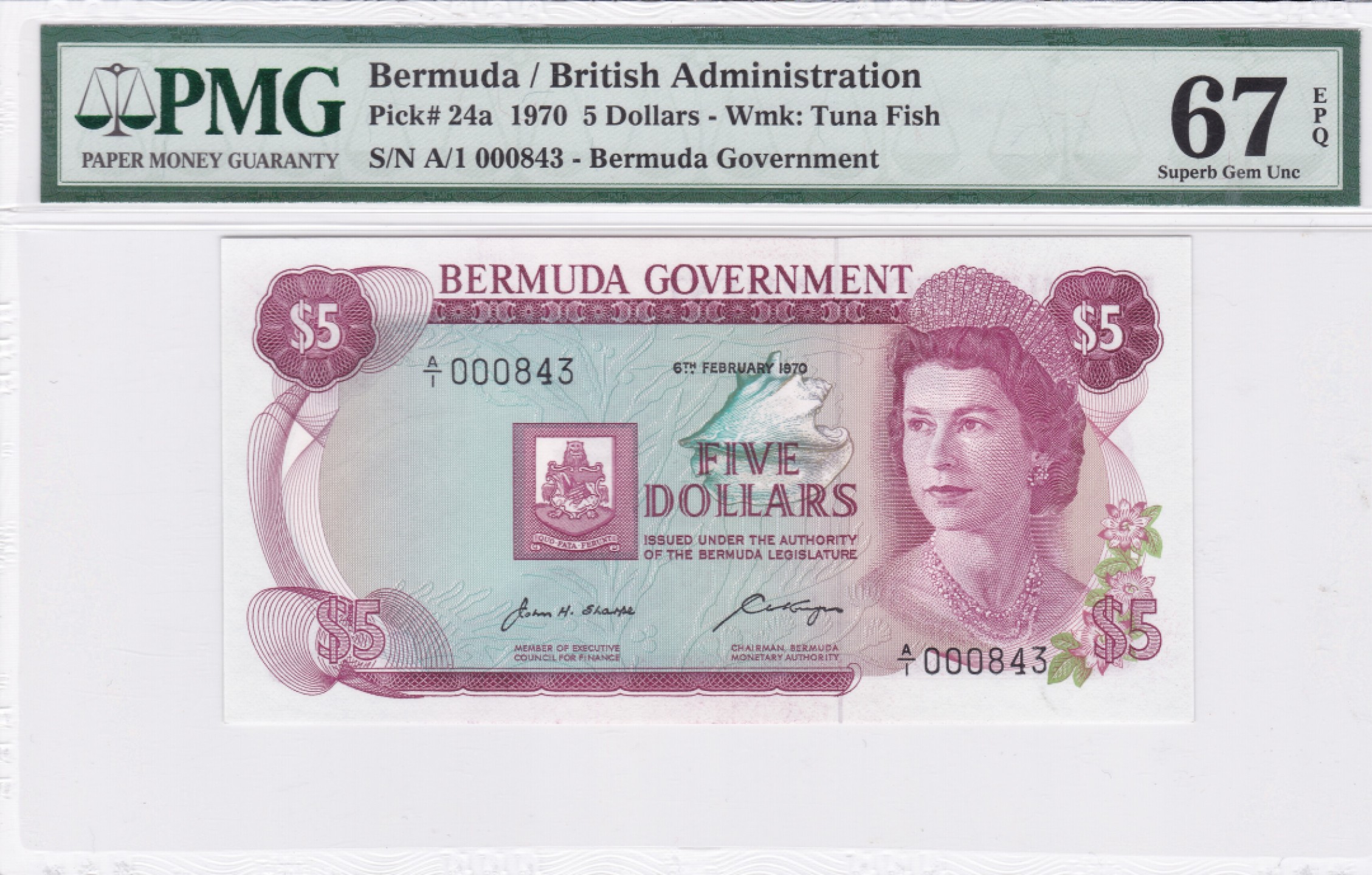 收藏联盟Quantum Auction 第240期拍卖 已更新 百慕大1970年5元 PMG67 首发A/1冠百位号