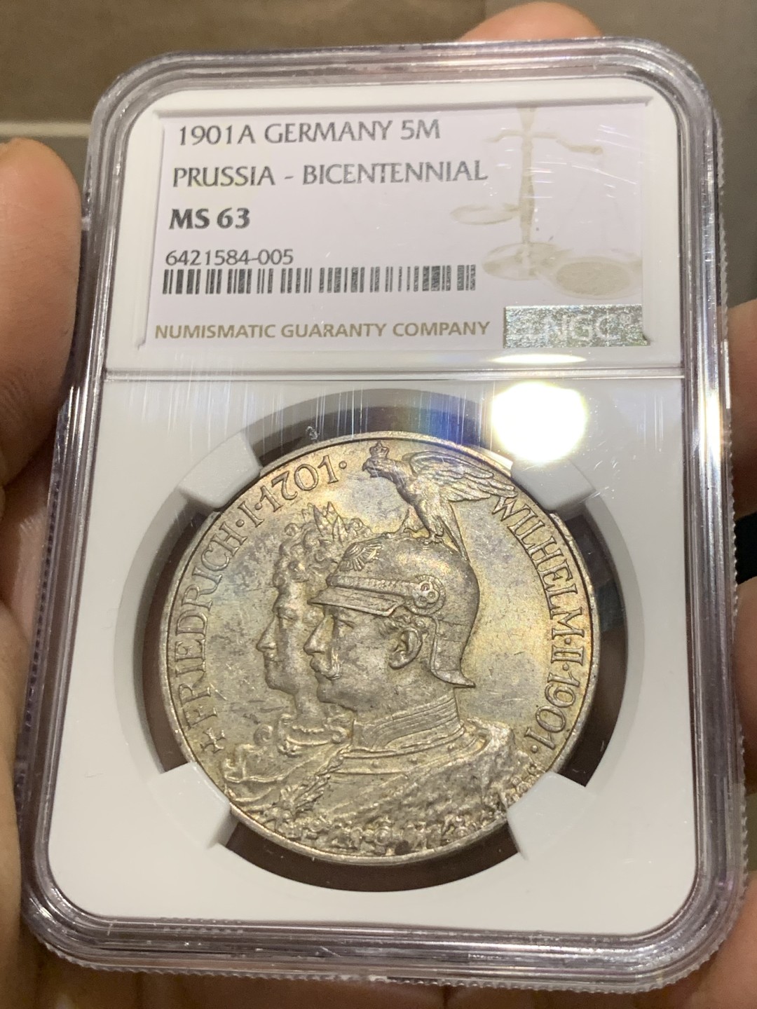 《竞宝斋》第143场-周日，周一 2场 (全场包邮) NGC MS63 1901年德国普鲁士建国200周年5马克 银币