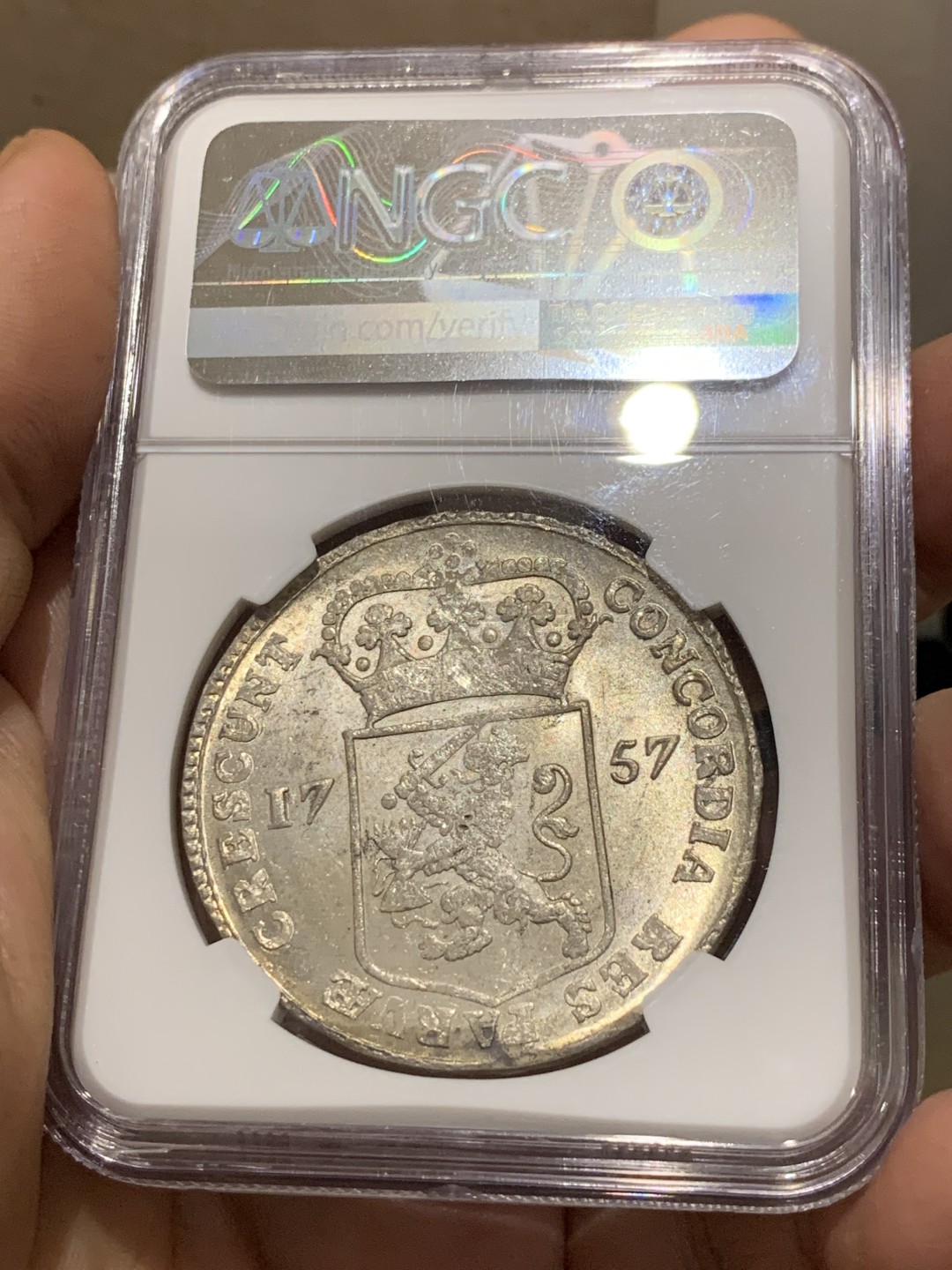 《竞宝斋》第143场-周日，周一 2场 (全场包邮) NGC-MS63 荷兰 1757年 站人武士 西弗里斯兰1D大银币 双面爽光 打制好 早期版本