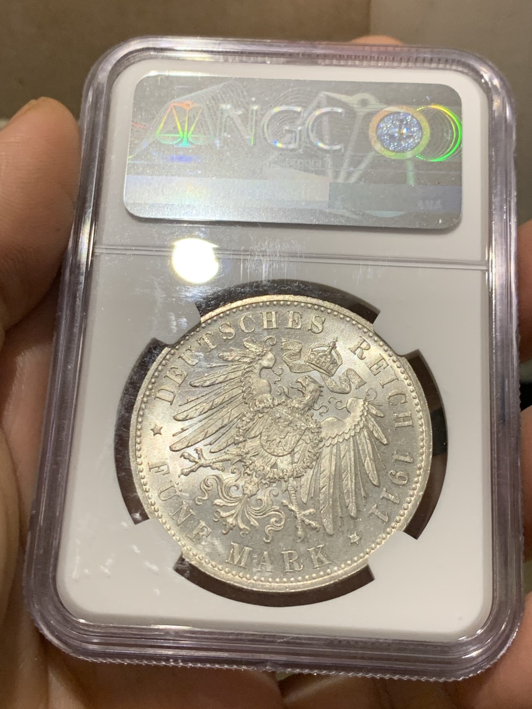 《竞宝斋》第143场-周日，周一 2场 (全场包邮) NGC-MS63 德国 1911年 5马克 银币 巴伐利亚  摄政王90大寿纪念银币 细节完美 高分难得