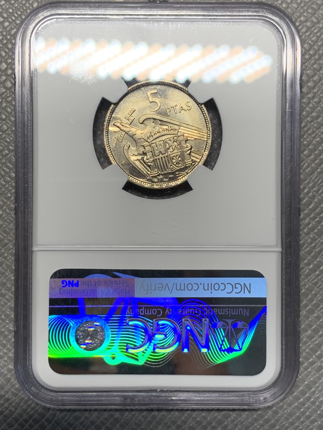 《竞宝斋》第143场-周日，周一 2场 (全场包邮) NGC-MS64 西班牙1957年 佛朗哥 5比塞塔镍币 顶级品相