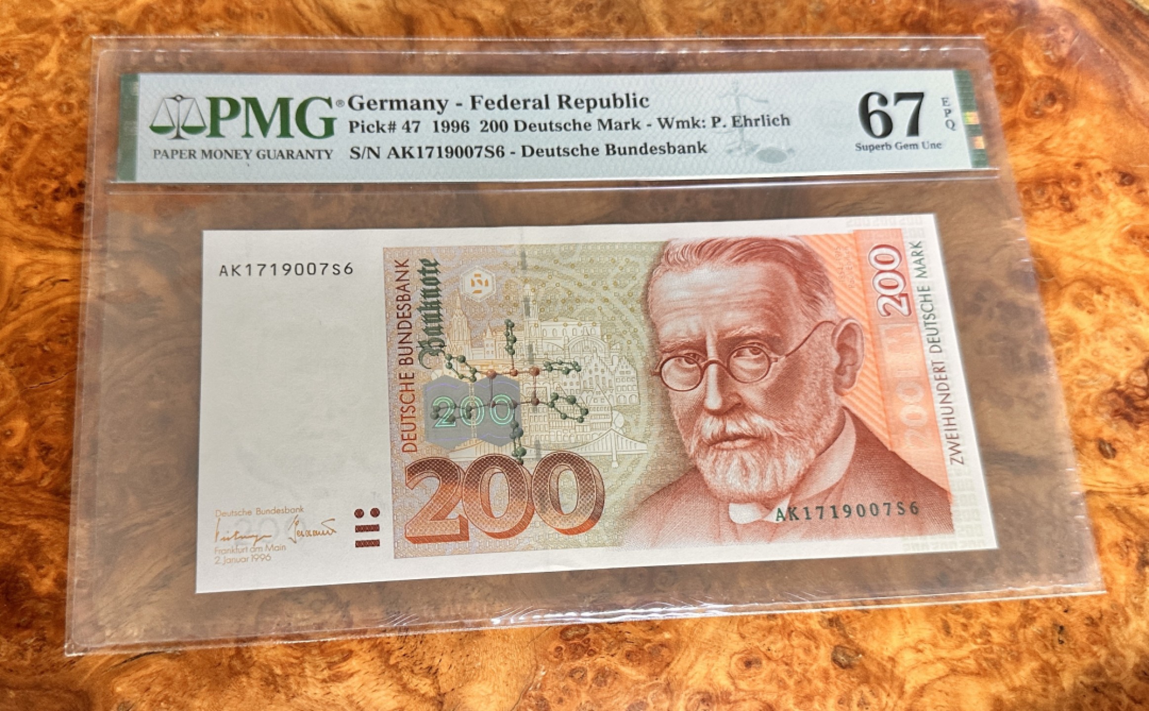 Chase Auction 第19期 - - 外钞、民国钞和人民币混合场！ 1996年德国200马克，PMG67，无4号码，科学家爱尔里希！更高分数只有16张！精致人物雕刻！