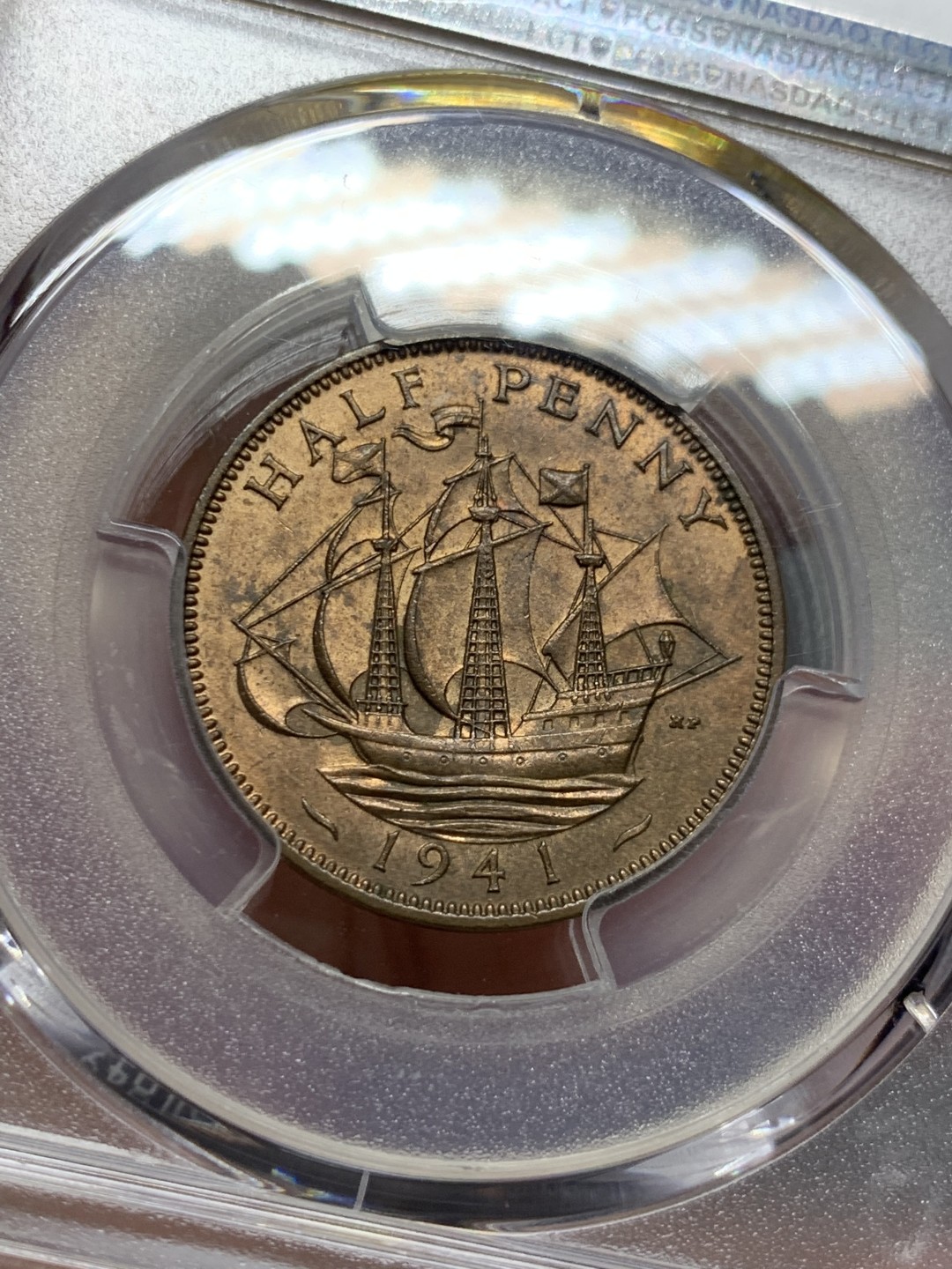 《竞宝斋》第143场-周日，周一 2场 (全场包邮) PCGS-MS63RD 英国 1941年 乔治六世1/2便士铜币。难得满铜光，RD级别很少见。乔六较早期年份，更高分仅2枚，凑套合适