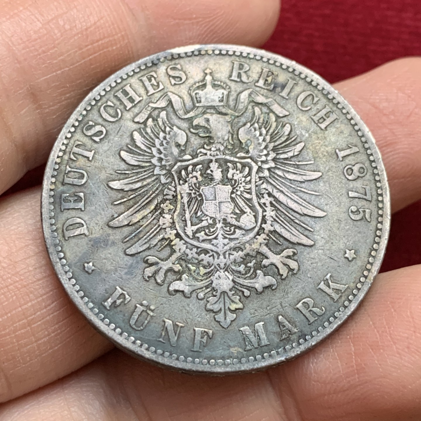 《竞宝斋》第143场-周日，周一 2场 (全场包邮) 德国1875年汉堡短翅五马克大银，早期少见年份,克劳斯XF书价400刀，流通品相老包浆