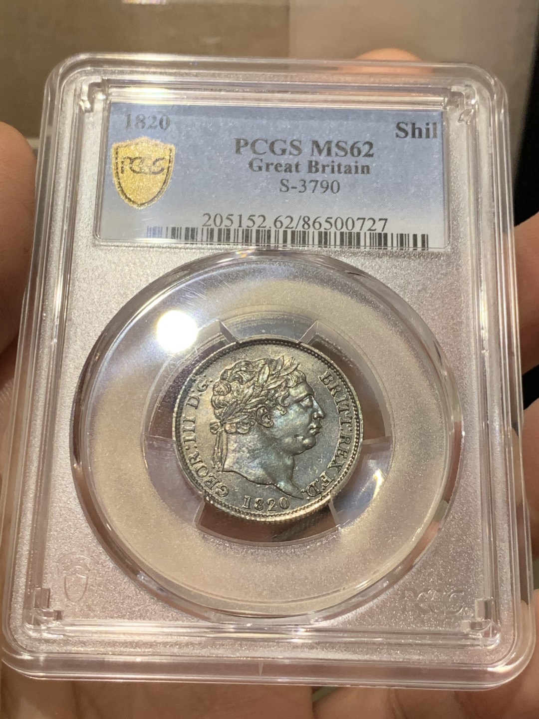 《竞宝斋》第143场-周日，周一 2场 (全场包邮) PCGS MS62 英国 1820年 乔治三世1先令银币 低评状态 典型欧洲包浆