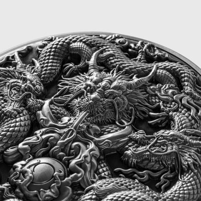 【钱币星球】【预售】2023三龙戏珠乍得 5盎司银色纪念币钱币