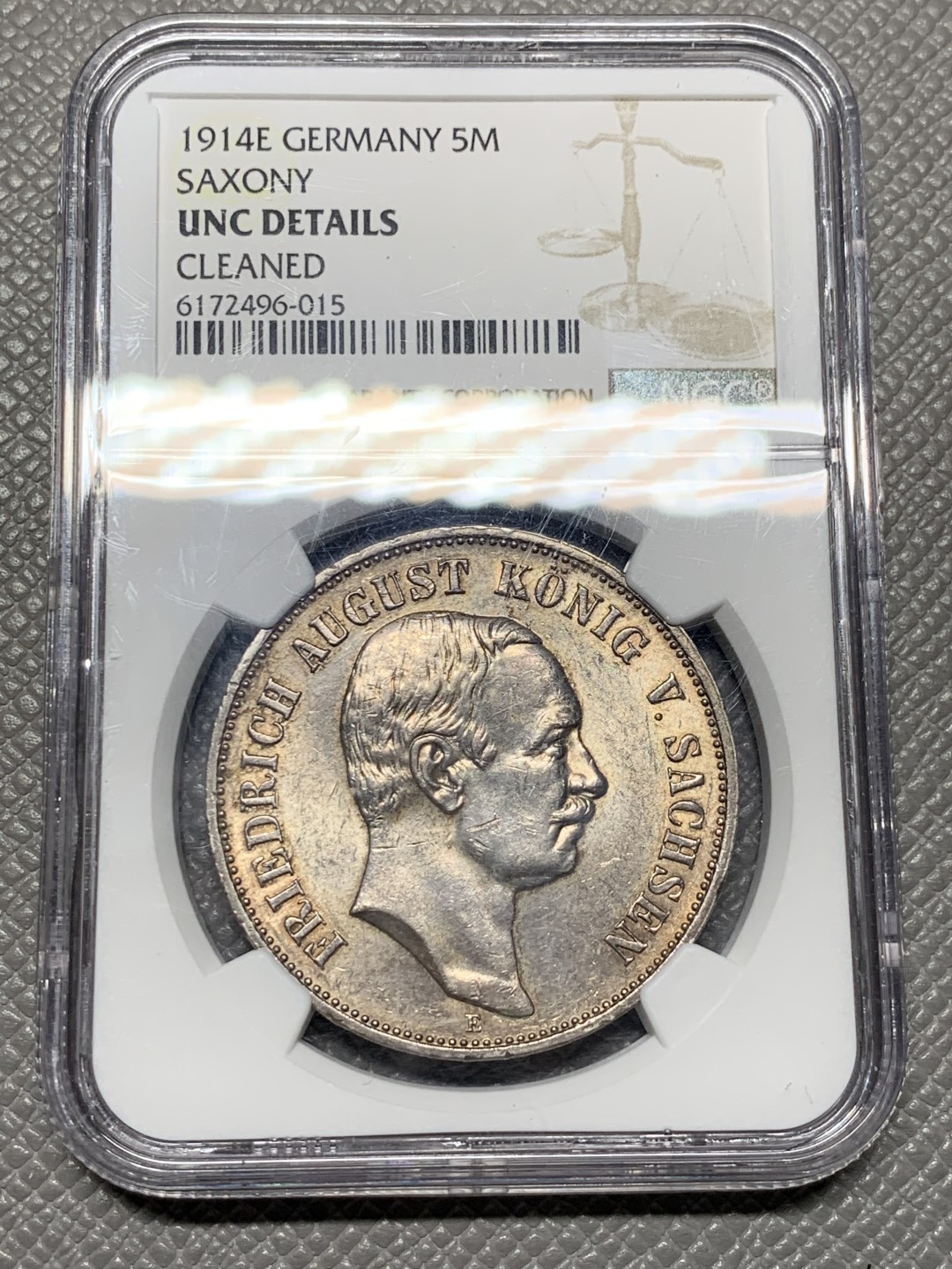 《竞宝斋》第143场-周日，周一 2场 (全场包邮) NGC-UNC  德国 1914年 5马克 银币 萨克森五马克大银币 金色包浆 细节出众 不给分可惜了