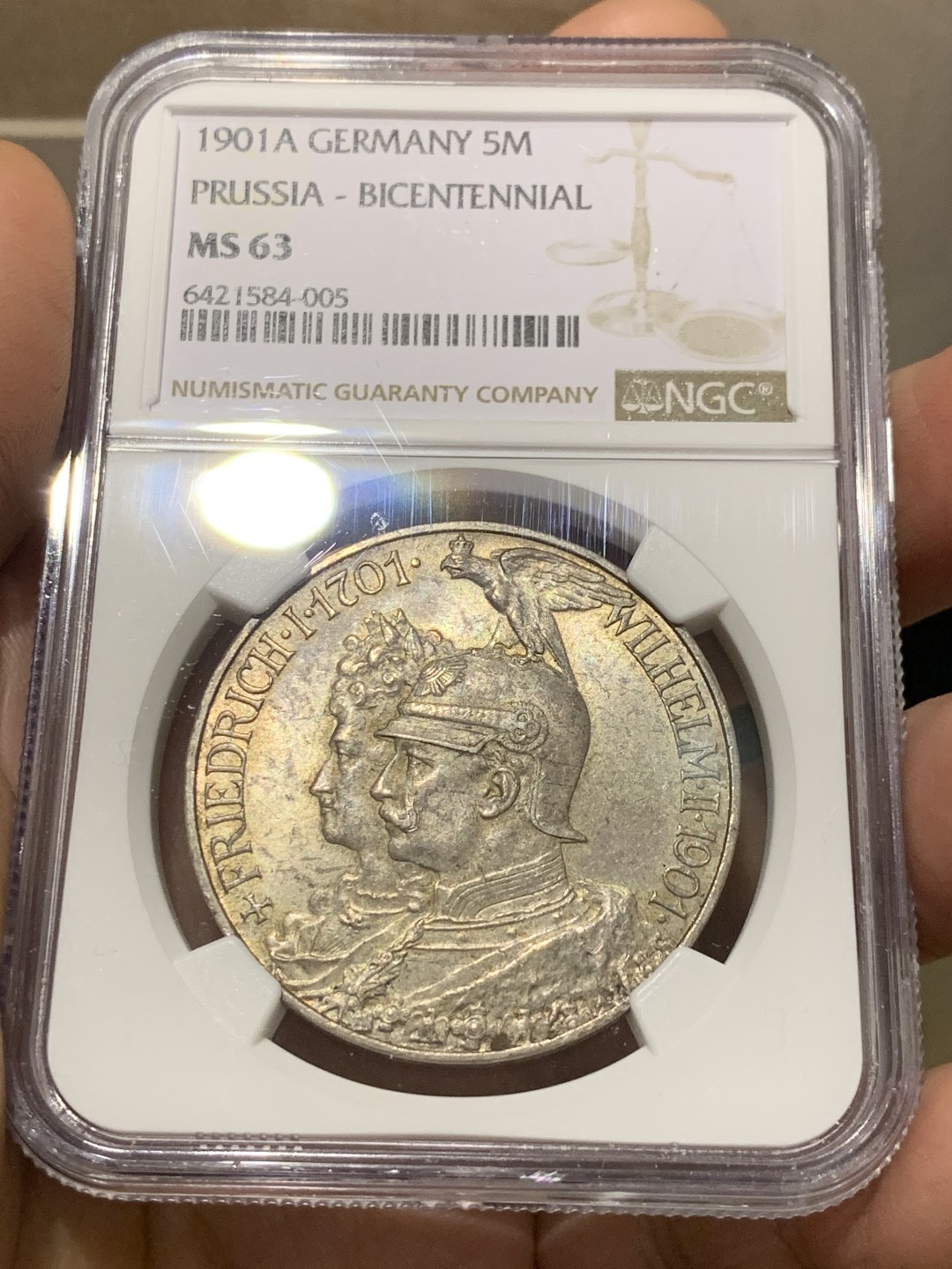 《竞宝斋》第143场-周日，周一 2场 (全场包邮) NGC MS63 1901年德国普鲁士建国200周年5马克 银币