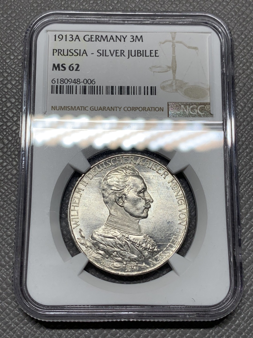 《竞宝斋》第143场-周日，周一 2场 (全场包邮) NGC-MS62 德国 1913年 3马克 银币 普鲁士 威廉二世军装版银币 原光好品 转光强烈