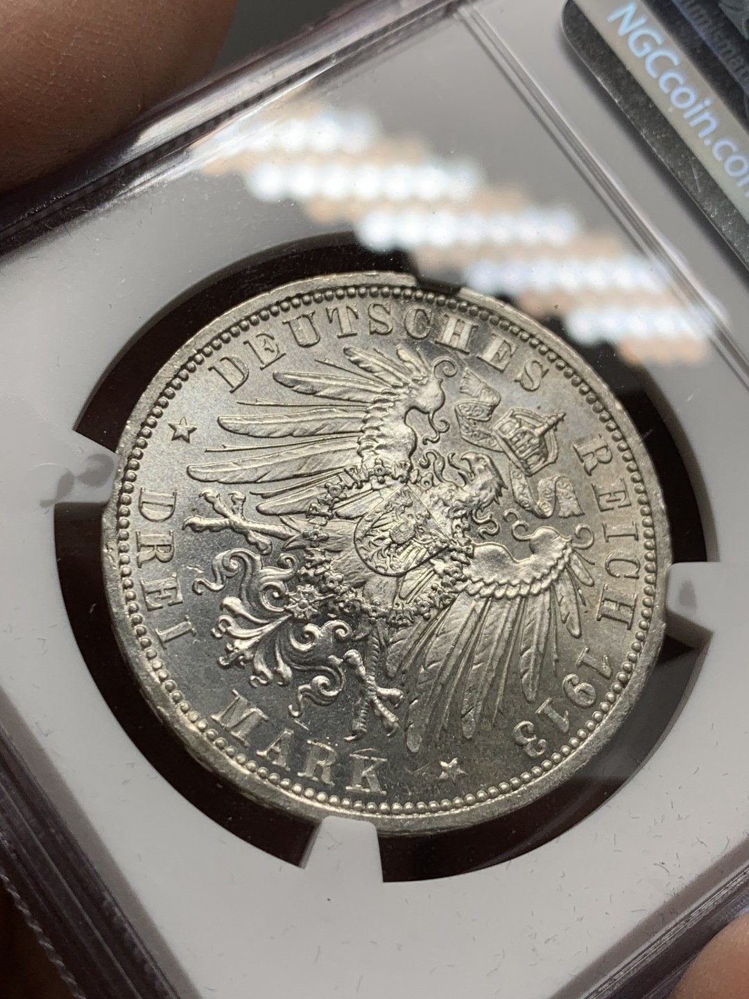 《竞宝斋》第143场-周日，周一 2场 (全场包邮) NGC-MS62 德国 1913年 3马克 银币 普鲁士 威廉二世军装版银币 原光好品 转光强烈