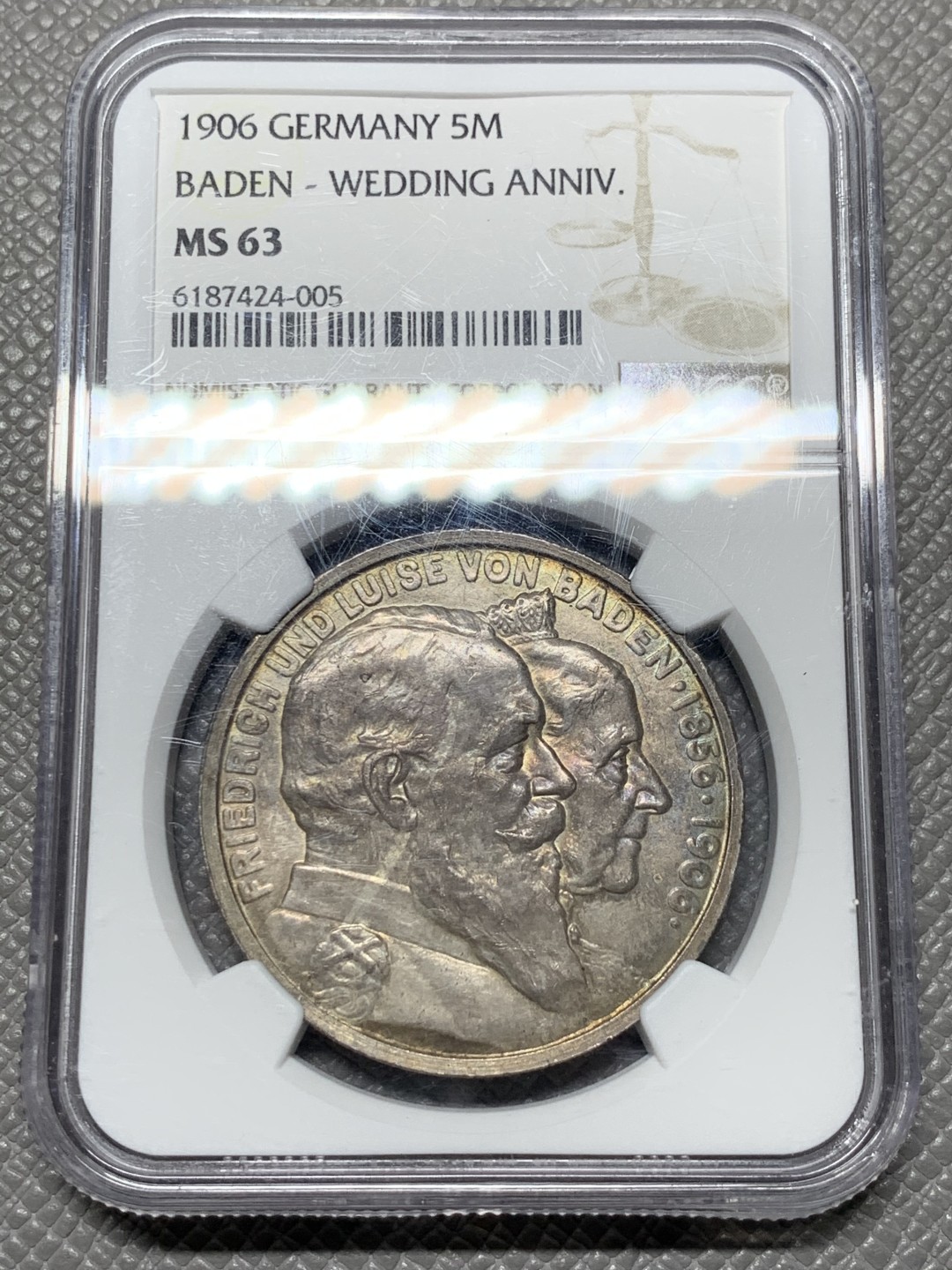 《竞宝斋》第143场-周日，周一 2场 (全场包邮) NGC-MS63 德国 1906年 5马克 银币 巴登 金婚纪念大银币 包浆浑厚深沉 细节好