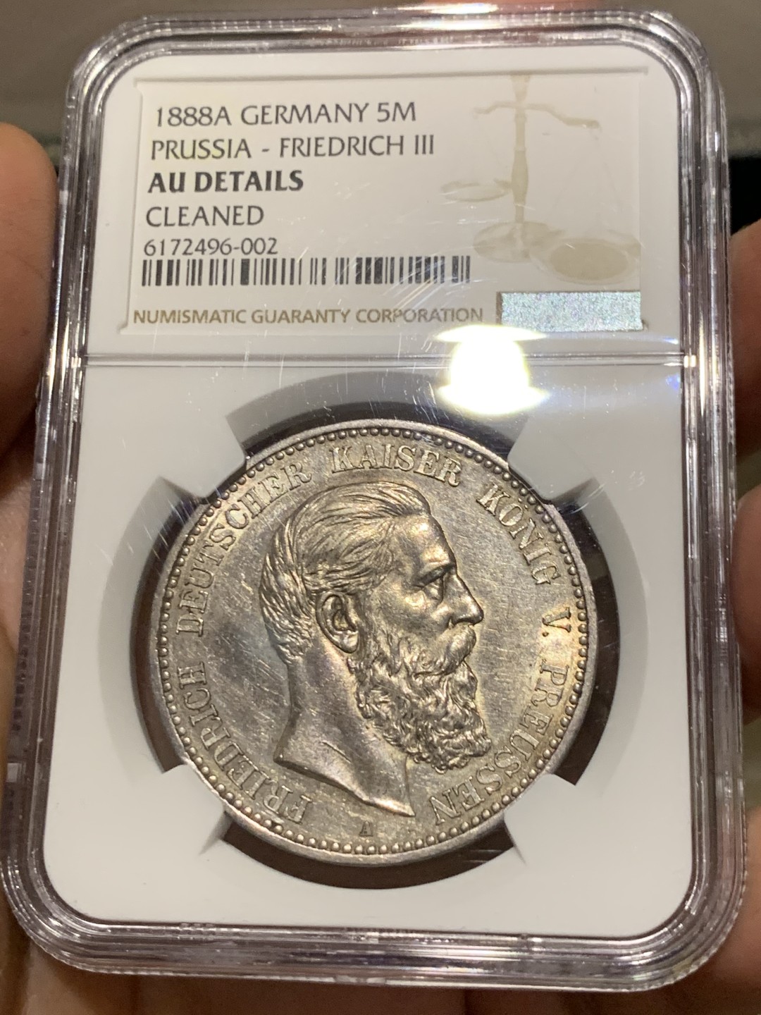 《竞宝斋》第143场-周日，周一 2场 (全场包邮) NGC-AU 德国 1888年 5马克 银币 普鲁士 弗雷德里希三世 三皇年马克 少见品种 好品难得