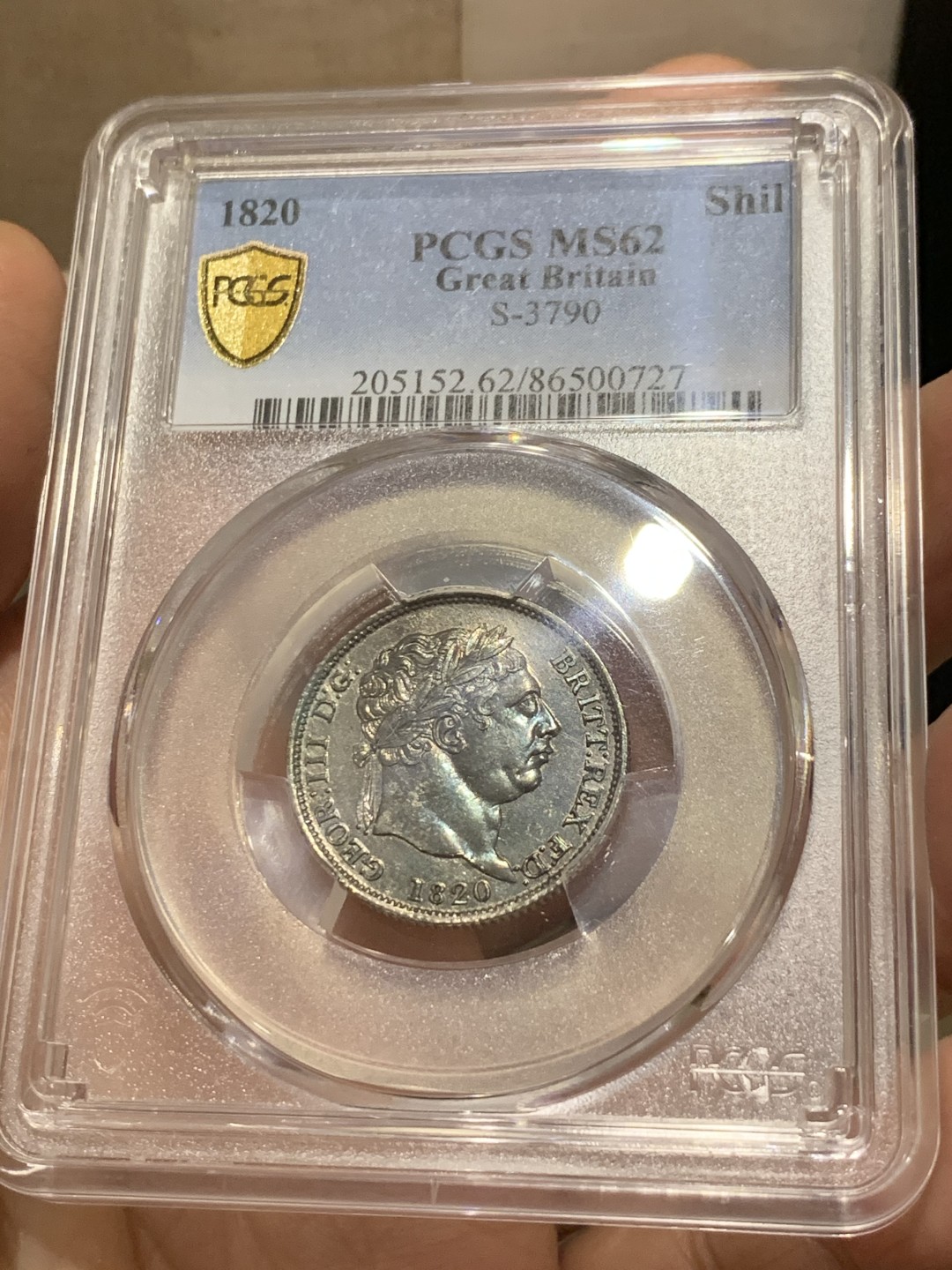 《竞宝斋》第143场-周日，周一 2场 (全场包邮) PCGS MS62 英国 1820年 乔治三世1先令银币 低评状态 典型欧洲包浆