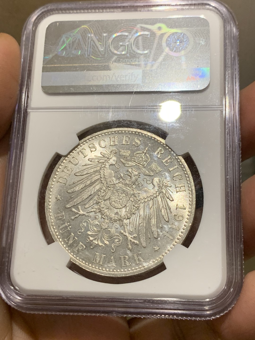 《竞宝斋》第143场-周日，周一 2场 (全场包邮) NGC-MS63 德国 1911年 5马克 银币 巴伐利亚  摄政王90大寿纪念银币 细节完美 高分难得