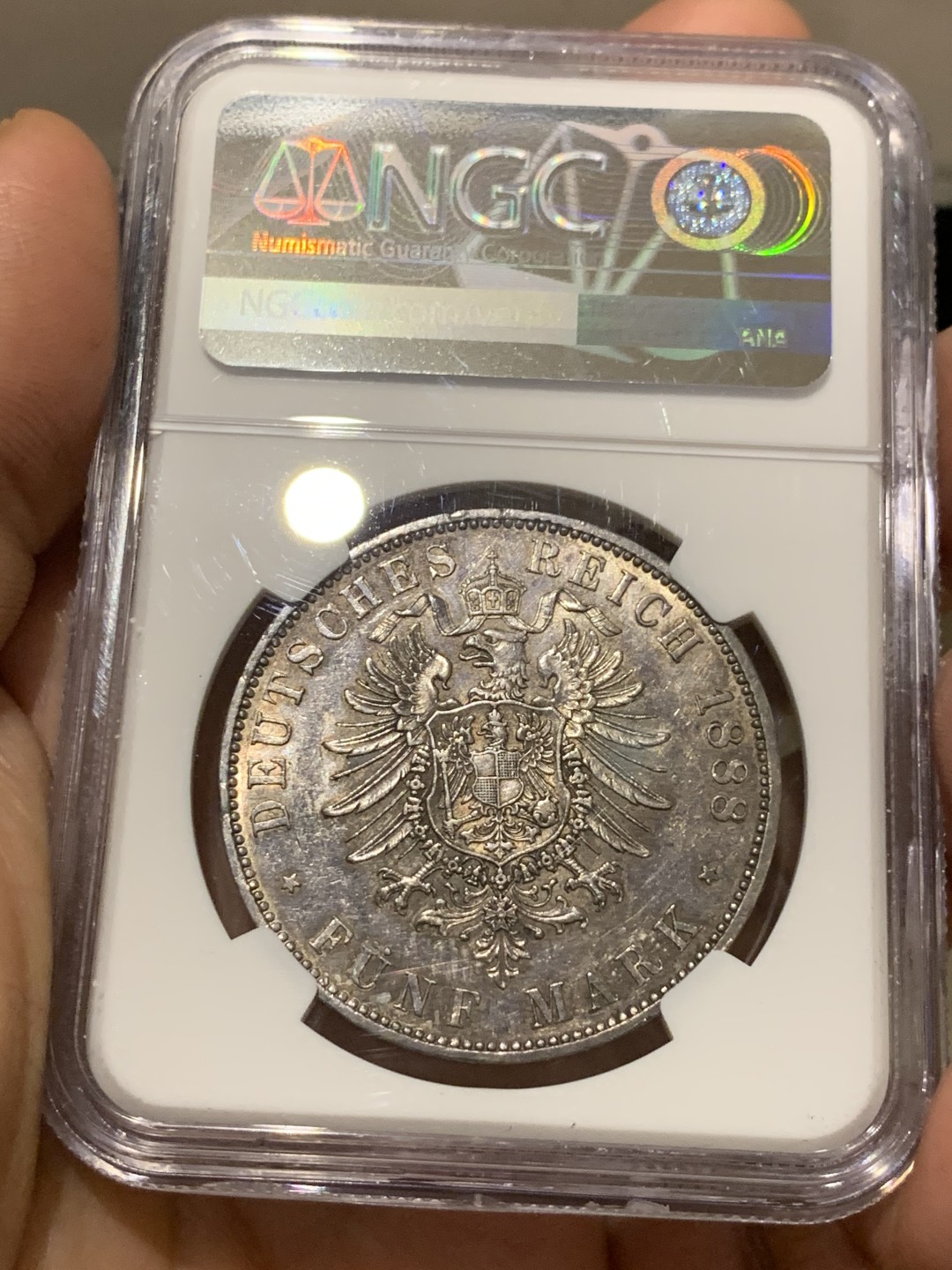 《竞宝斋》第143场-周日，周一 2场 (全场包邮) NGC-AU 德国 1888年 5马克 银币 普鲁士 弗雷德里希三世 三皇年马克 少见品种 好品难得