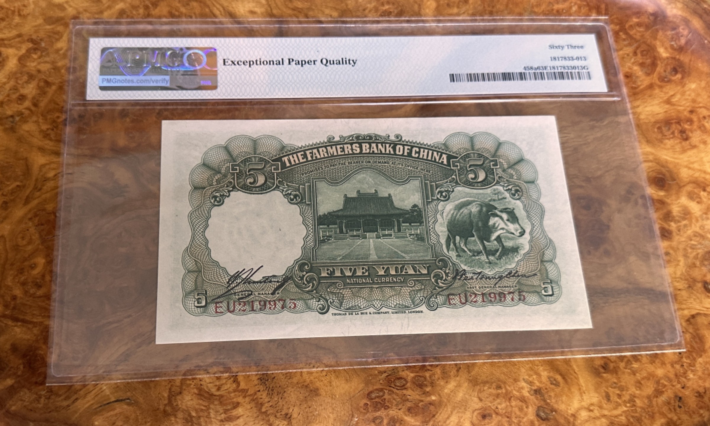 Chase Auction 第19期 - - 外钞、民国钞和人民币混合场！ 1935年民国农民银行5元，PMG63e，该版票筋，雍正耕织图！