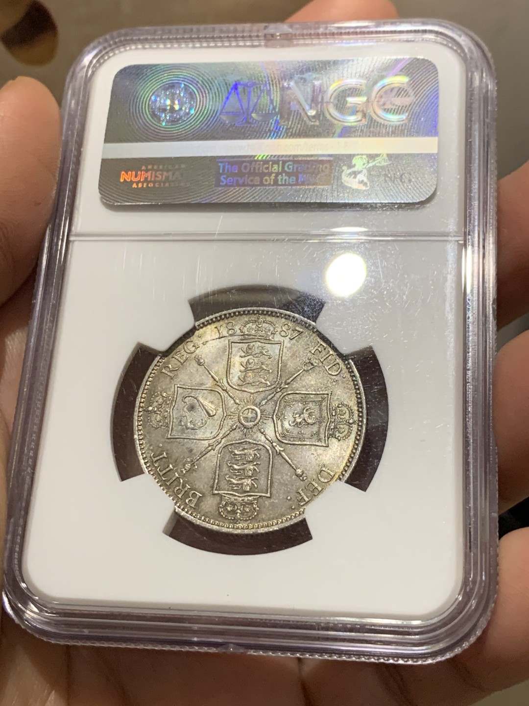 《竞宝斋》第143场-周日，周一 2场 (全场包邮) NGC-MS63 英国1887年1福林（2先令）银币，包浆漂亮