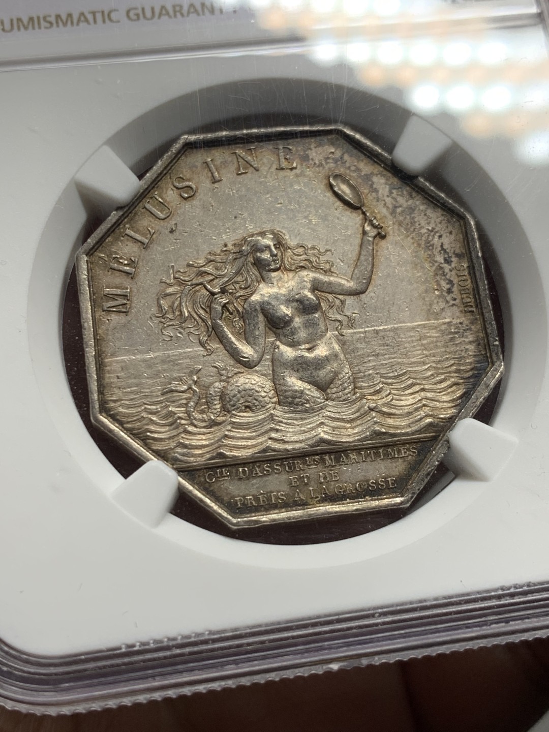 《竞宝斋》第143场-周日，周一 2场 (全场包邮) NGC-AU55 季军分 法国名誉品八角海妖 八角银币 八角目录封面币