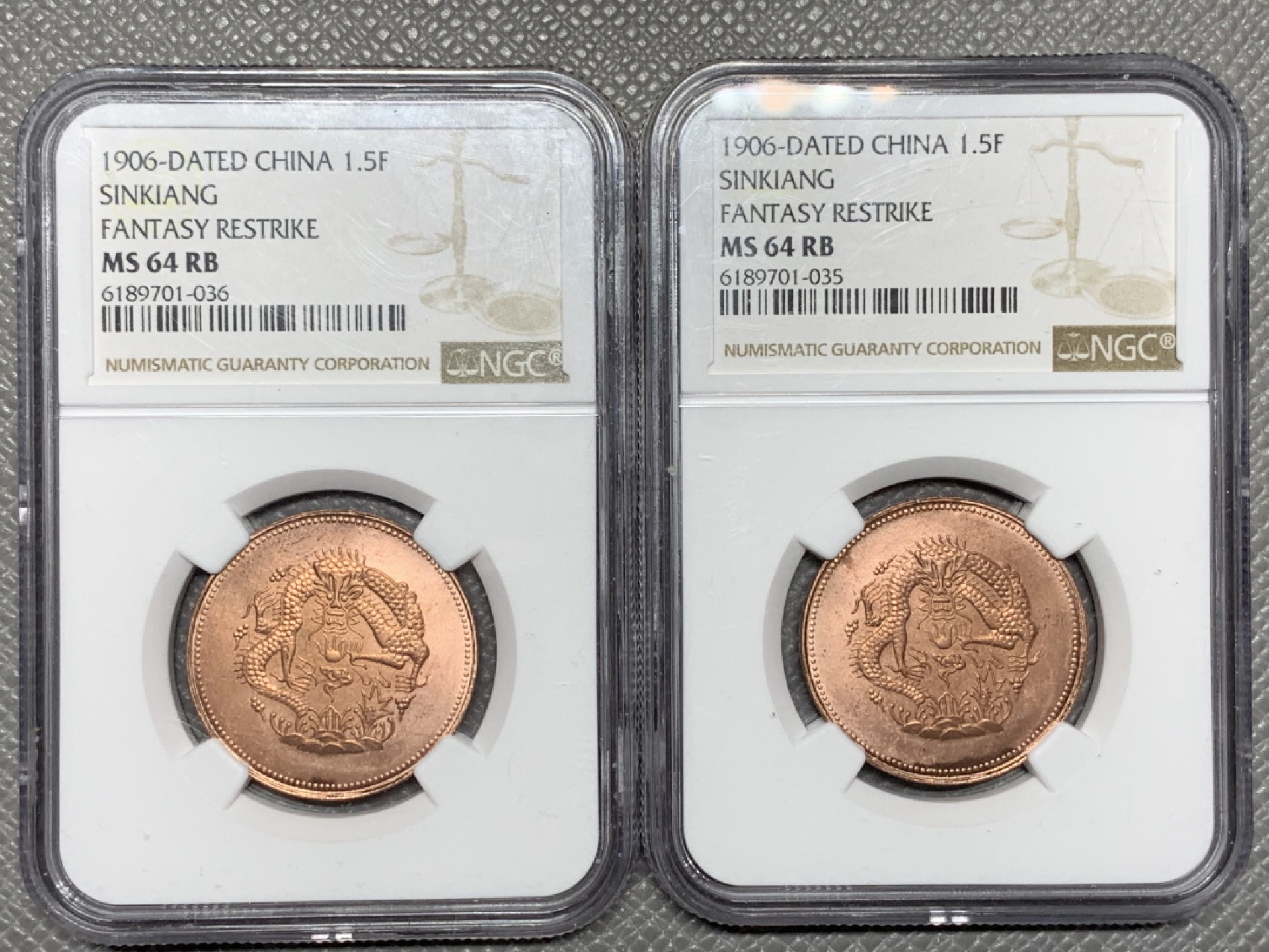 《竞宝斋》第143场-周日，周一 2场 (全场包邮) 2枚一组 NGC-MS64RB 新省 1906年（后铸版）光绪元宝一分五厘 铜币