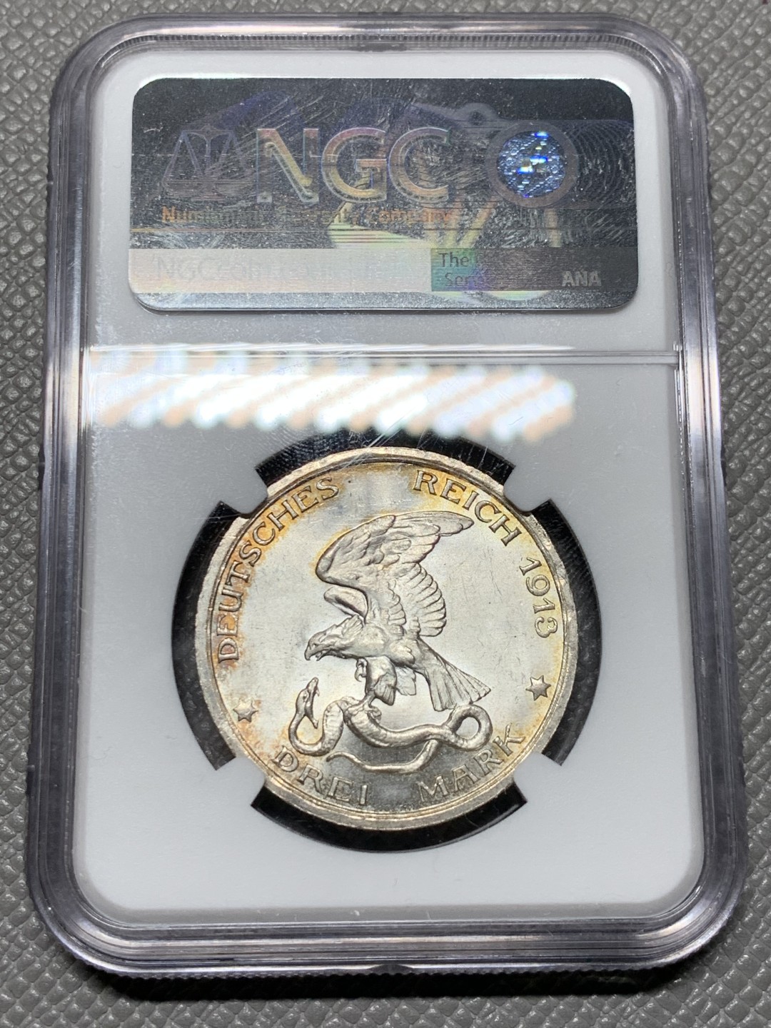 《竞宝斋》第143场-周日，周一 2场 (全场包邮) NGC MS63 1913年德国普鲁士战胜拿破仑3马克 银币