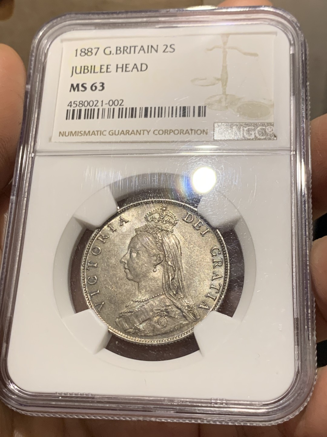 《竞宝斋》第143场-周日，周一 2场 (全场包邮) NGC-MS63 英国1887年1福林（2先令）银币，包浆漂亮