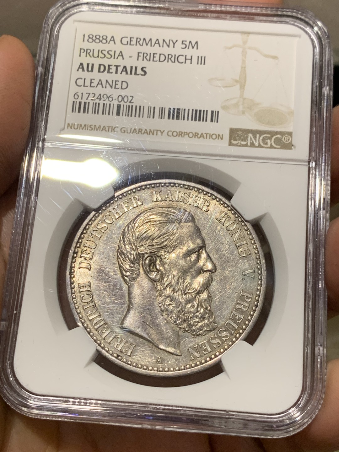 《竞宝斋》第143场-周日，周一 2场 (全场包邮) NGC-AU 德国 1888年 5马克 银币 普鲁士 弗雷德里希三世 三皇年马克 少见品种 好品难得