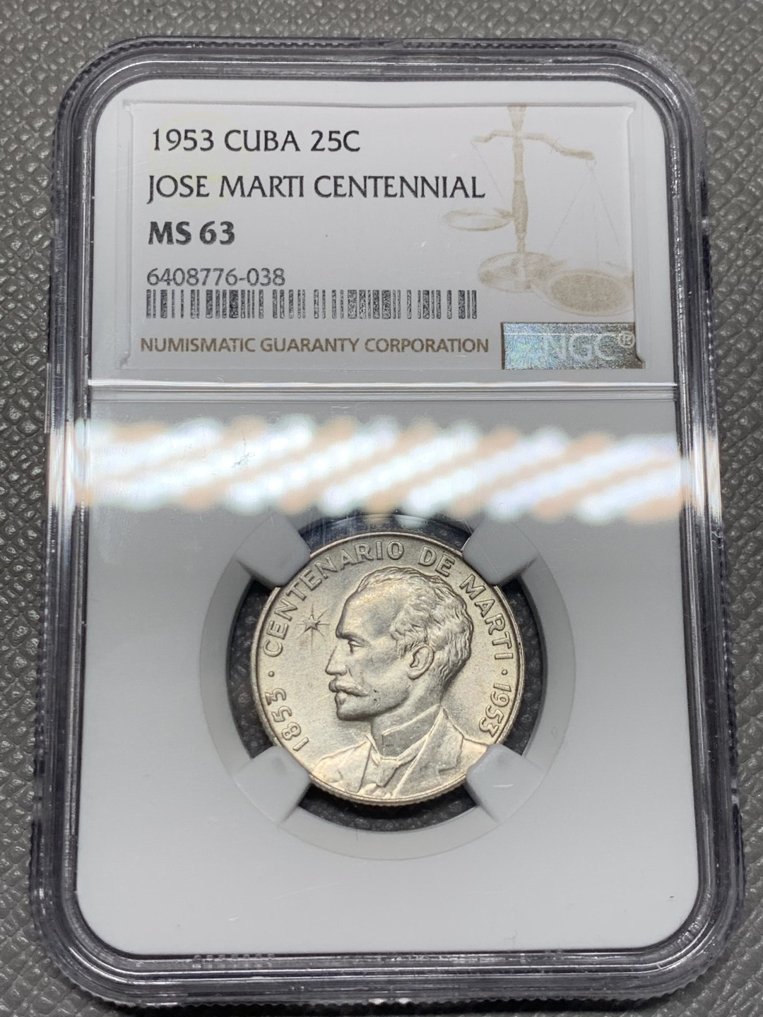 《竞宝斋》第143场-周日，周一 2场 (全场包邮) NGC-MS63 古巴1953年 何塞马丁 25分顶级原光银币 