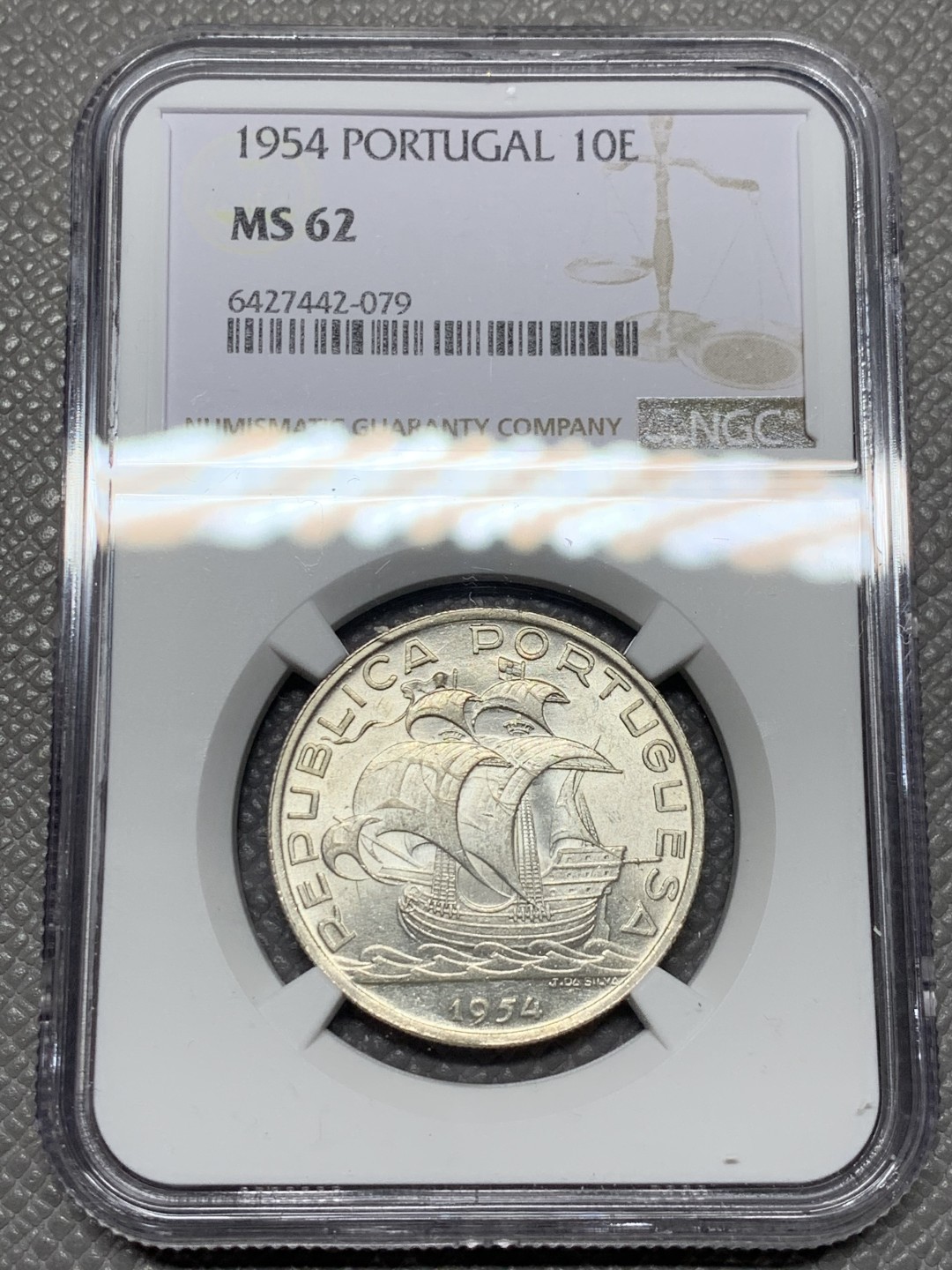 《竞宝斋》第143场-周日，周一 2场 (全场包邮) NGC-MS62 葡萄牙1954年 大帆船10埃斯库多 顶级原光银币