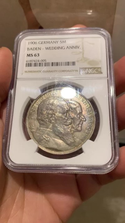 《竞宝斋》第143场-周日，周一 2场 (全场包邮) NGC-MS63 德国 1906年 5马克 银币 巴登 金婚纪念大银币 包浆浑厚深沉 细节好