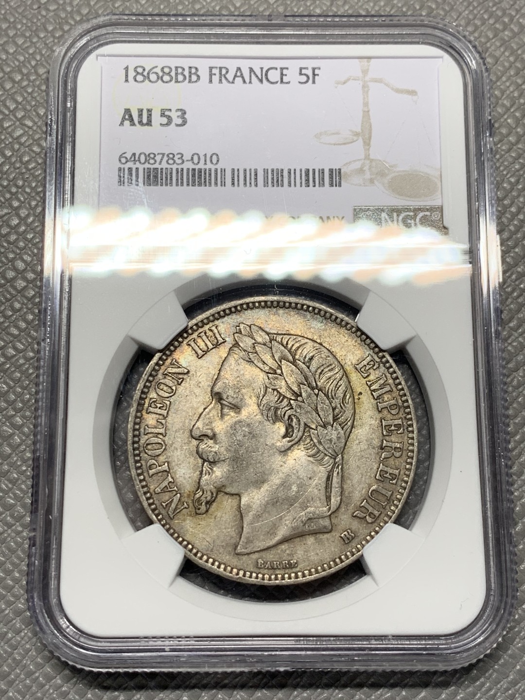 《竞宝斋》第143场-周日，周一 2场 (全场包邮) NGC-AU53 法国1868-BB年 拿破仑三世 5法郎大银币 原味老包浆