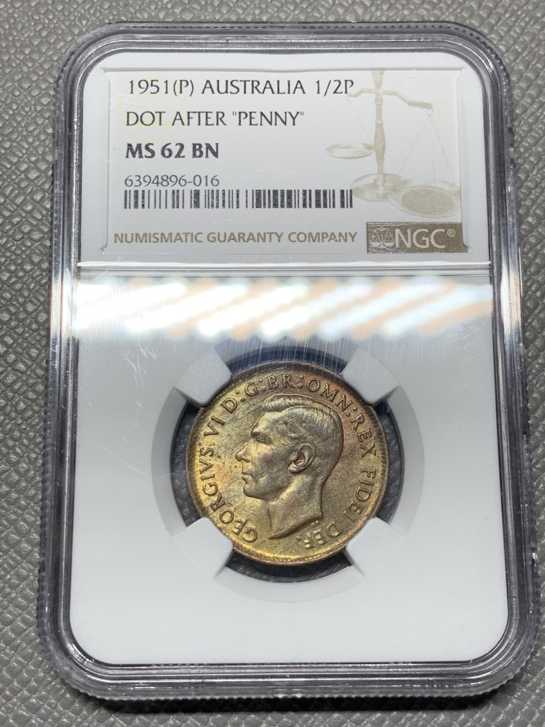 《竞宝斋》第143场-周日，周一 2场 (全场包邮) NGC MS62 澳大利亚 1951 乔六 p版1/2便士