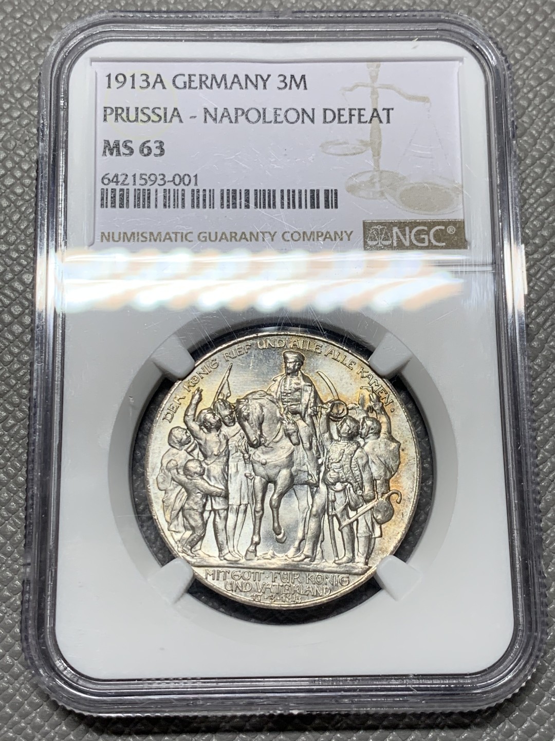 《竞宝斋》第143场-周日，周一 2场 (全场包邮) NGC MS63 1913年德国普鲁士战胜拿破仑3马克 银币