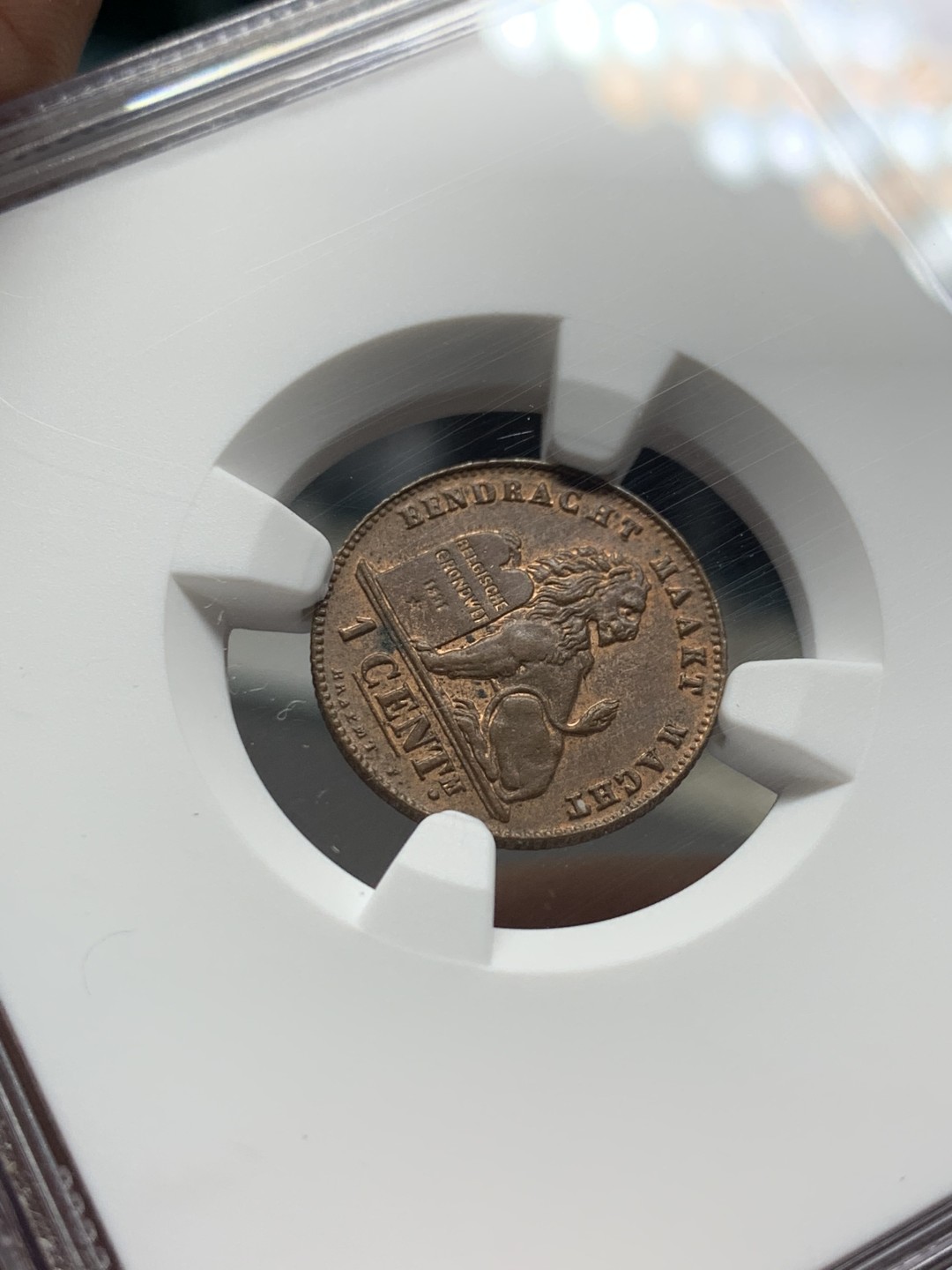 《竞宝斋》第143场-周日，周一 2场 (全场包邮) 唯一冠军分 NGC-MS63 比利时1902年 狮子1分 铜币 顶级品相