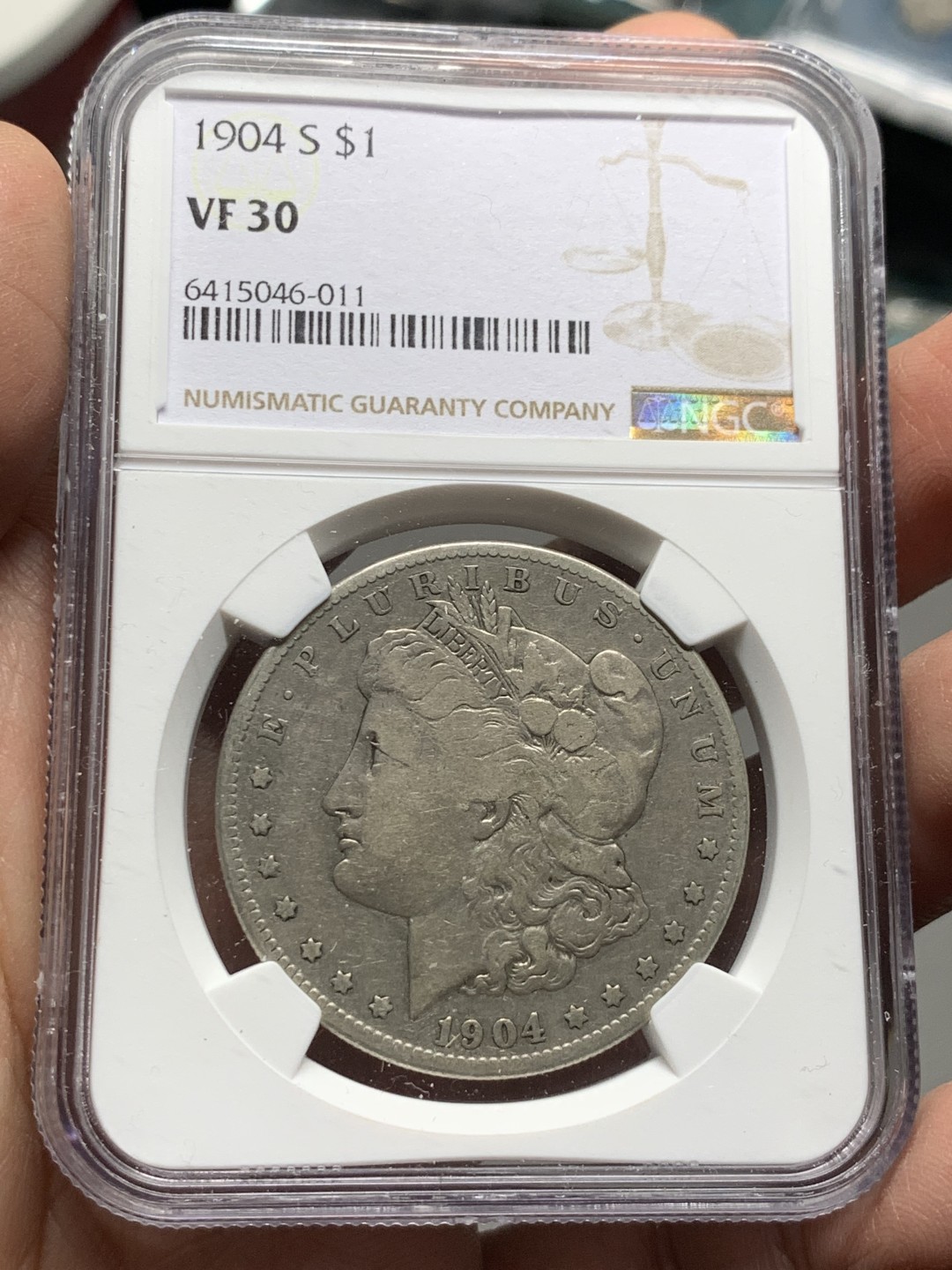 《竞宝斋》第143场-周日，周一 2场 (全场包邮) NGC-VF30 1904年S版美国摩根1美元银币，少见版别，N指导价110美元