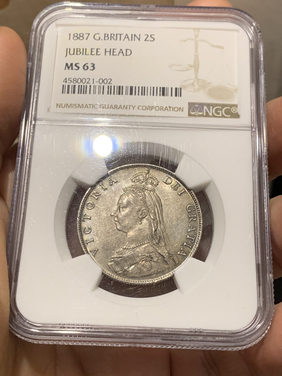 《竞宝斋》第143场-周日，周一 2场 (全场包邮) NGC-MS63 英国1887年1福林（2先令）银币，包浆漂亮