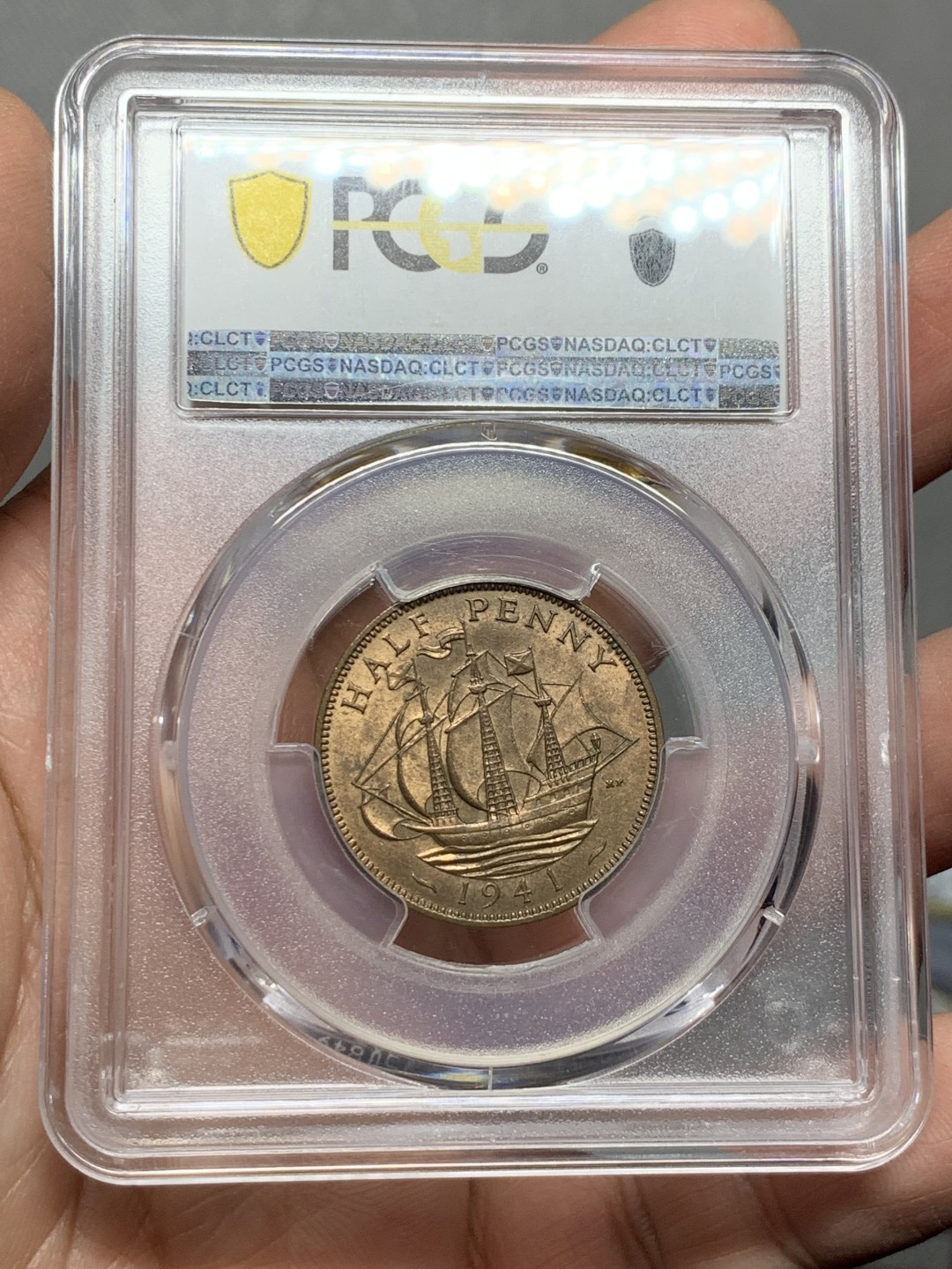 《竞宝斋》第143场-周日，周一 2场 (全场包邮) PCGS-MS63RD 英国 1941年 乔治六世1/2便士铜币。难得满铜光，RD级别很少见。乔六较早期年份，更高分仅2枚，凑套合适