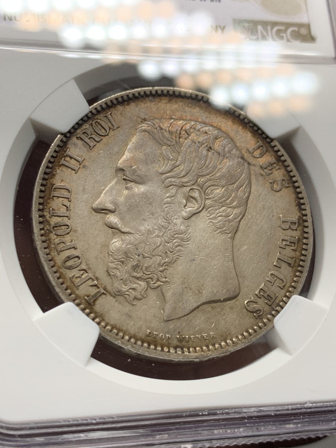 《竞宝斋》第143场-周日，周一 2场 (全场包邮) NGC UNC 1873年 比利时 利奥波德二世5法郎 好品 包浆漂亮