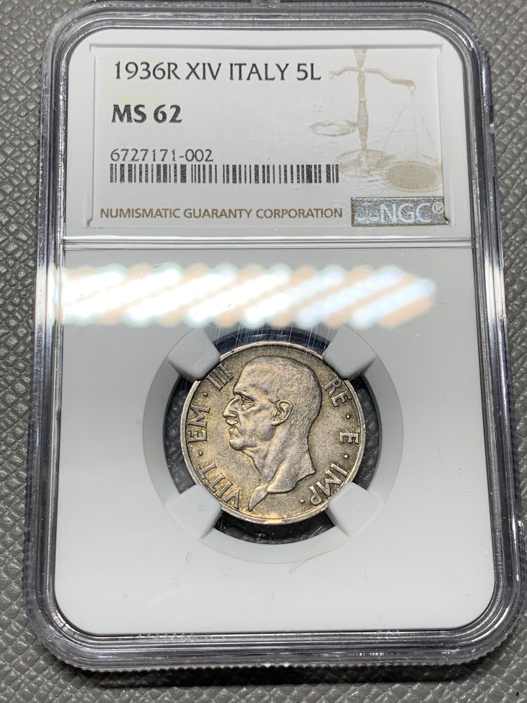 《竞宝斋》第143场-周日，周一 2场 (全场包邮) NGC MS-62,意大利1936年5里拉。原味包浆但MS品质，少见品种，当年大多都回炉了