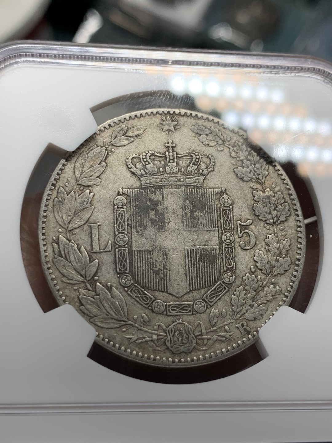 《竞宝斋》第143场-周日，周一 2场 (全场包邮) NGC-XF40 意大利1879年 翁贝托5里拉大银币 原味好品