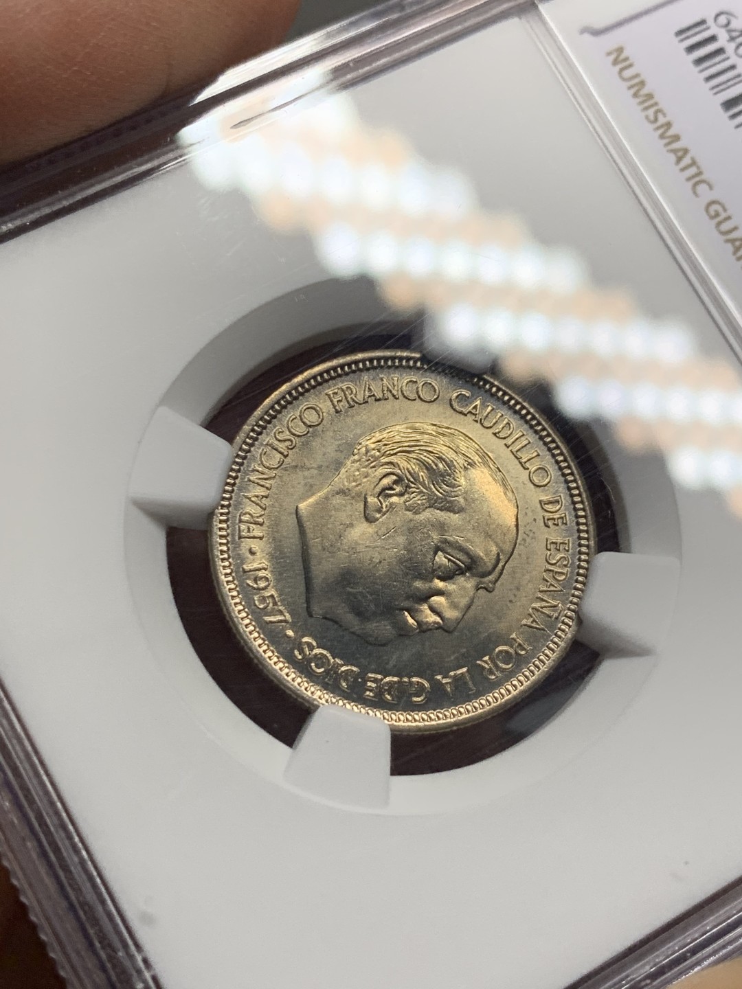 《竞宝斋》第143场-周日，周一 2场 (全场包邮) NGC-MS64 西班牙1957年 佛朗哥 5比塞塔镍币 顶级品相