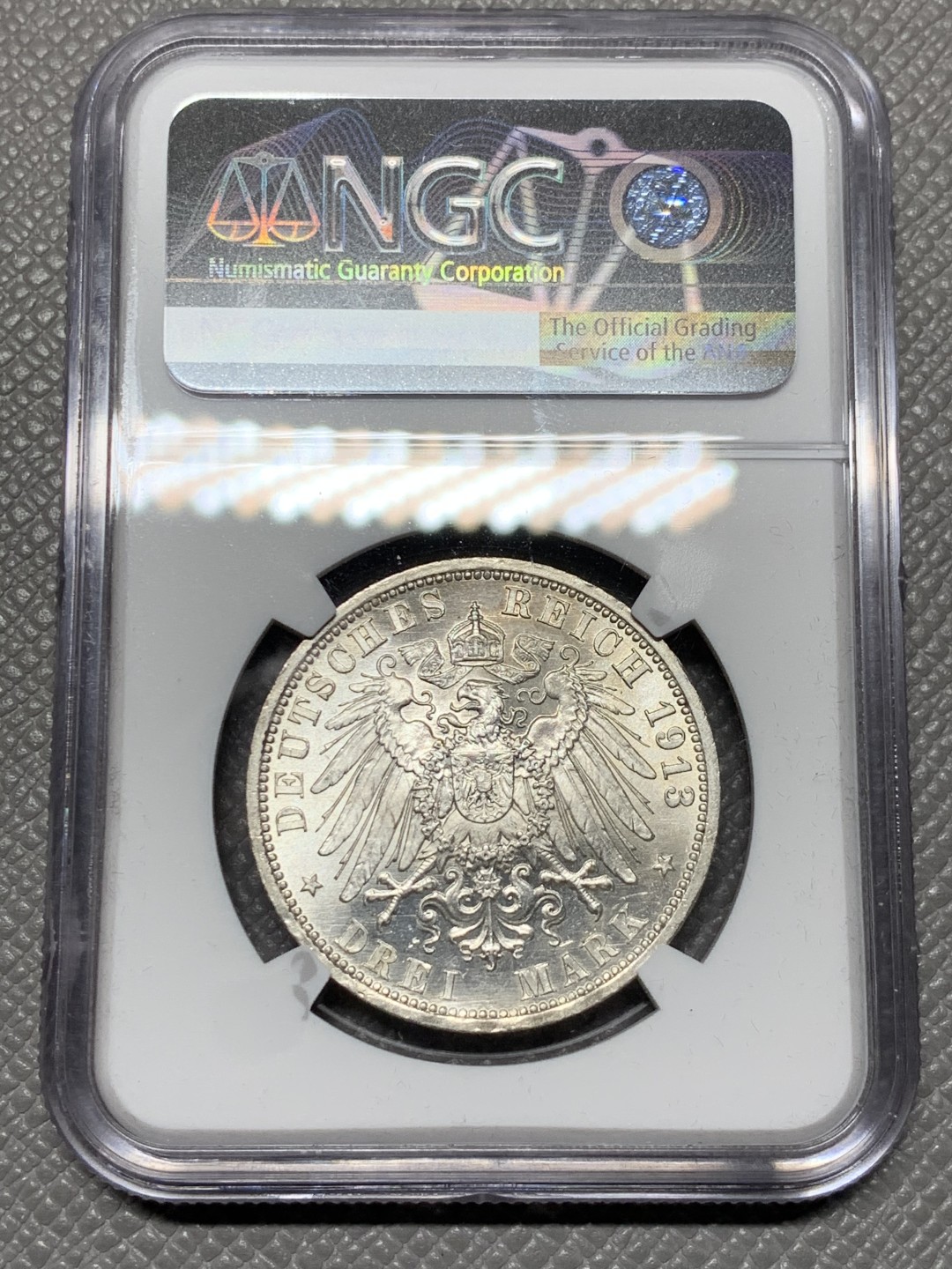 《竞宝斋》第143场-周日，周一 2场 (全场包邮) NGC-MS62 德国 1913年 3马克 银币 普鲁士 威廉二世军装版银币 原光好品 转光强烈