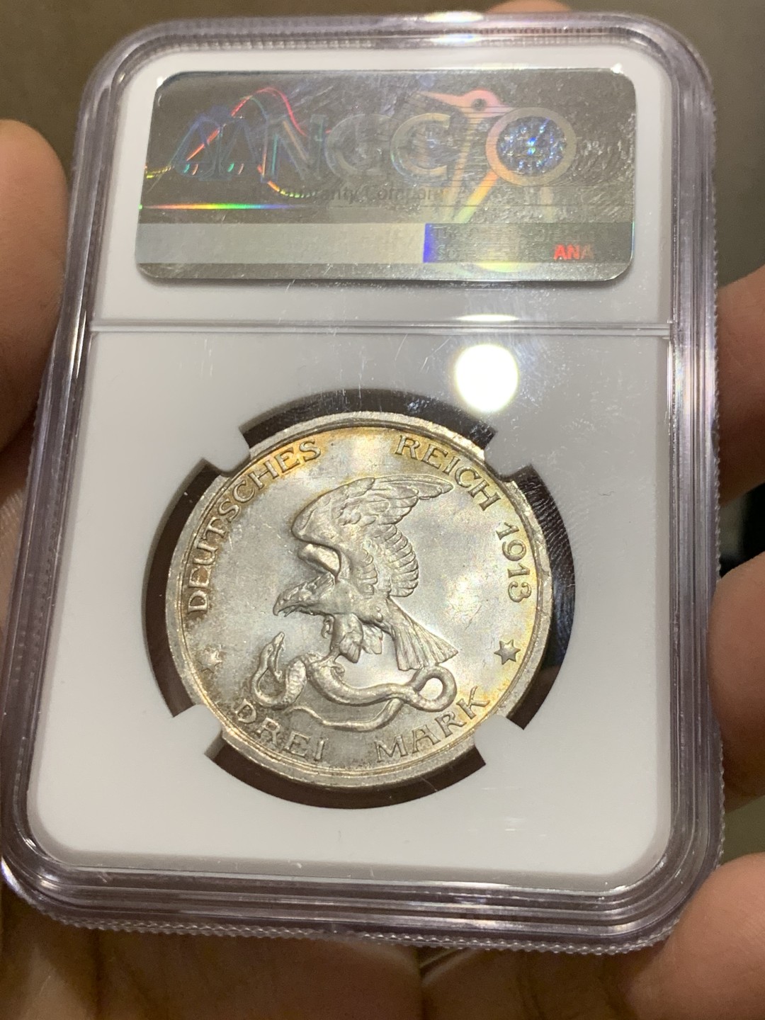 《竞宝斋》第143场-周日，周一 2场 (全场包邮) NGC MS63 1913年德国普鲁士战胜拿破仑3马克 银币