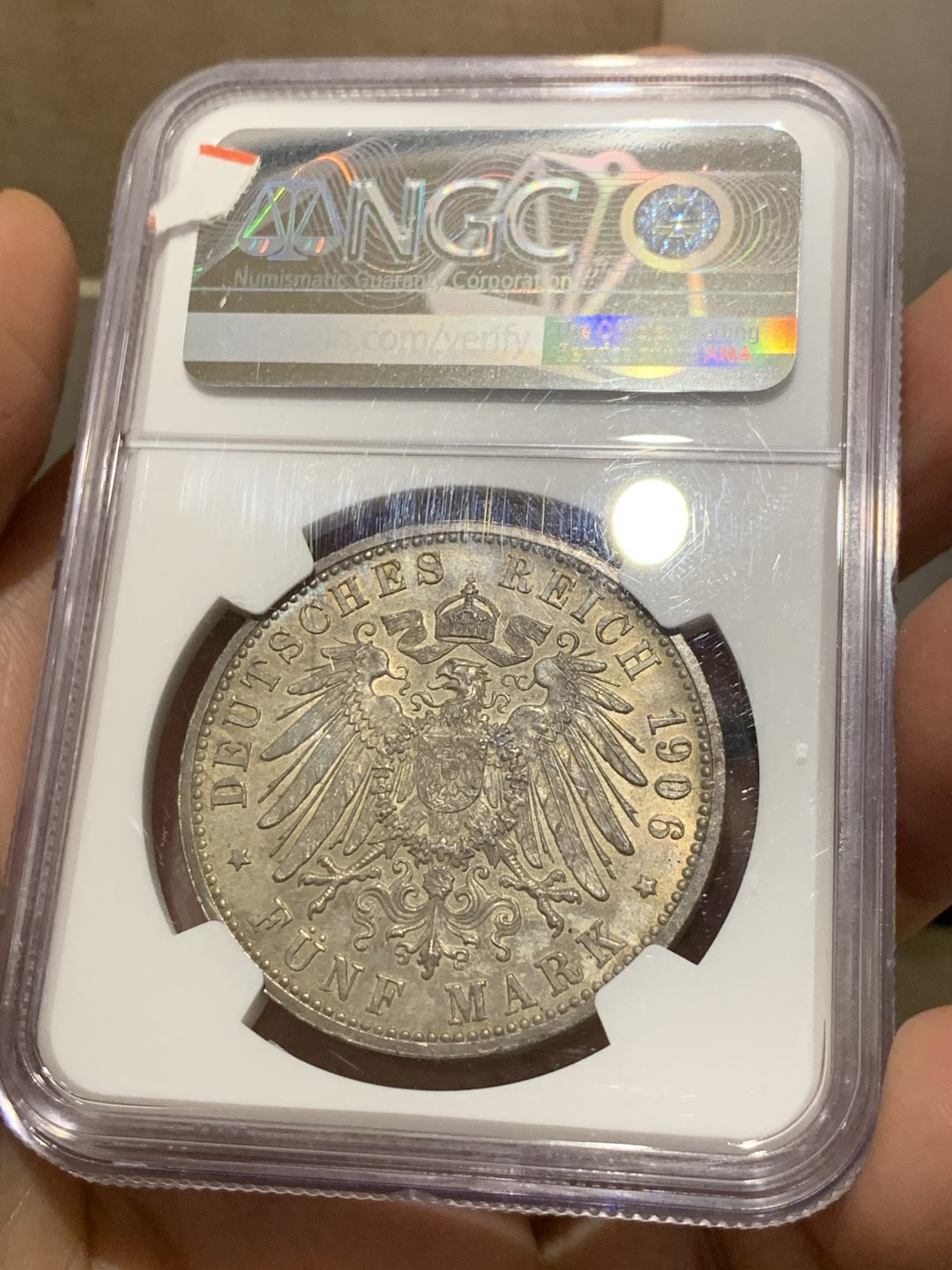 《竞宝斋》第143场-周日，周一 2场 (全场包邮) NGC-MS63 德国 1906年 5马克 银币 巴登 金婚纪念大银币 包浆浑厚深沉 细节好