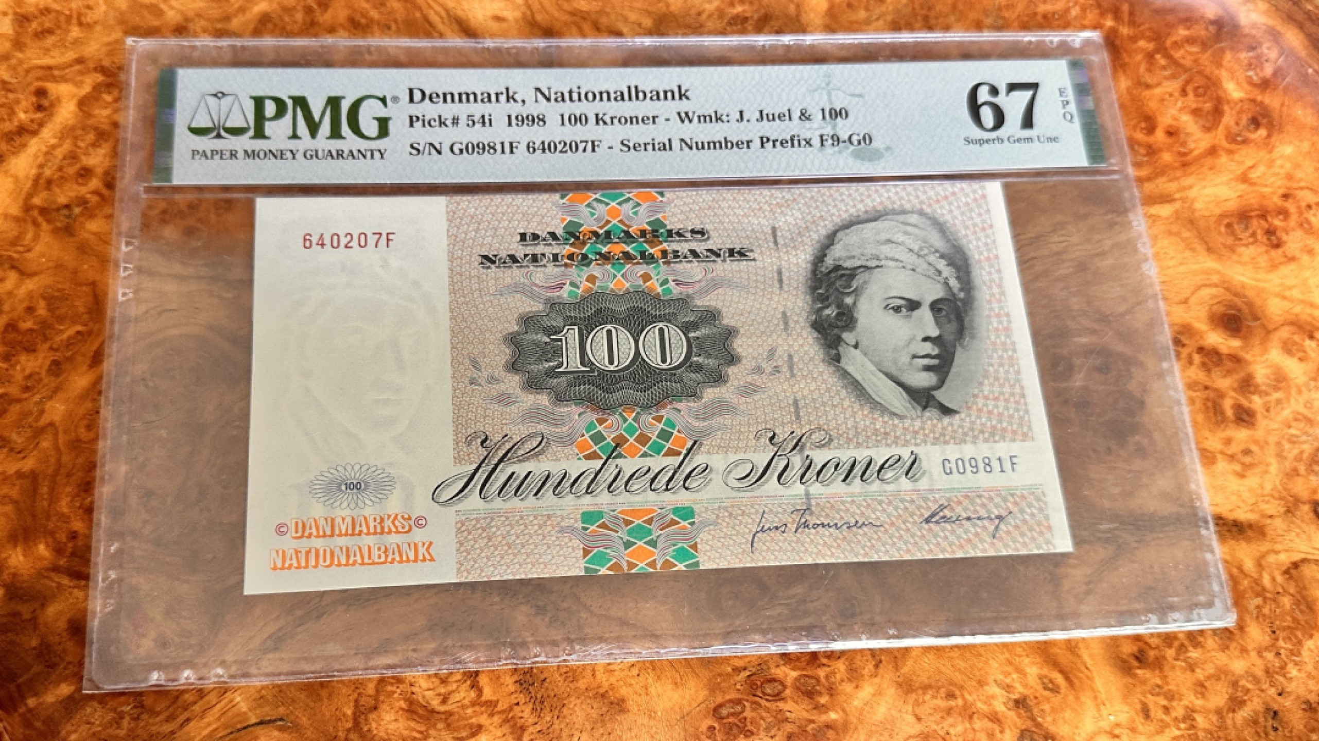 Chase Auction 第19期 - - 外钞、民国钞和人民币混合场！ 1998年丹麦100克朗，PMG67，大蛾子！