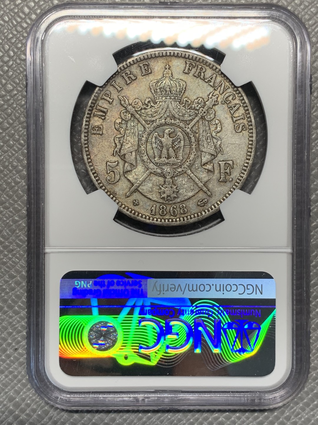 《竞宝斋》第143场-周日，周一 2场 (全场包邮) NGC-AU53 法国1868-BB年 拿破仑三世 5法郎大银币 原味老包浆