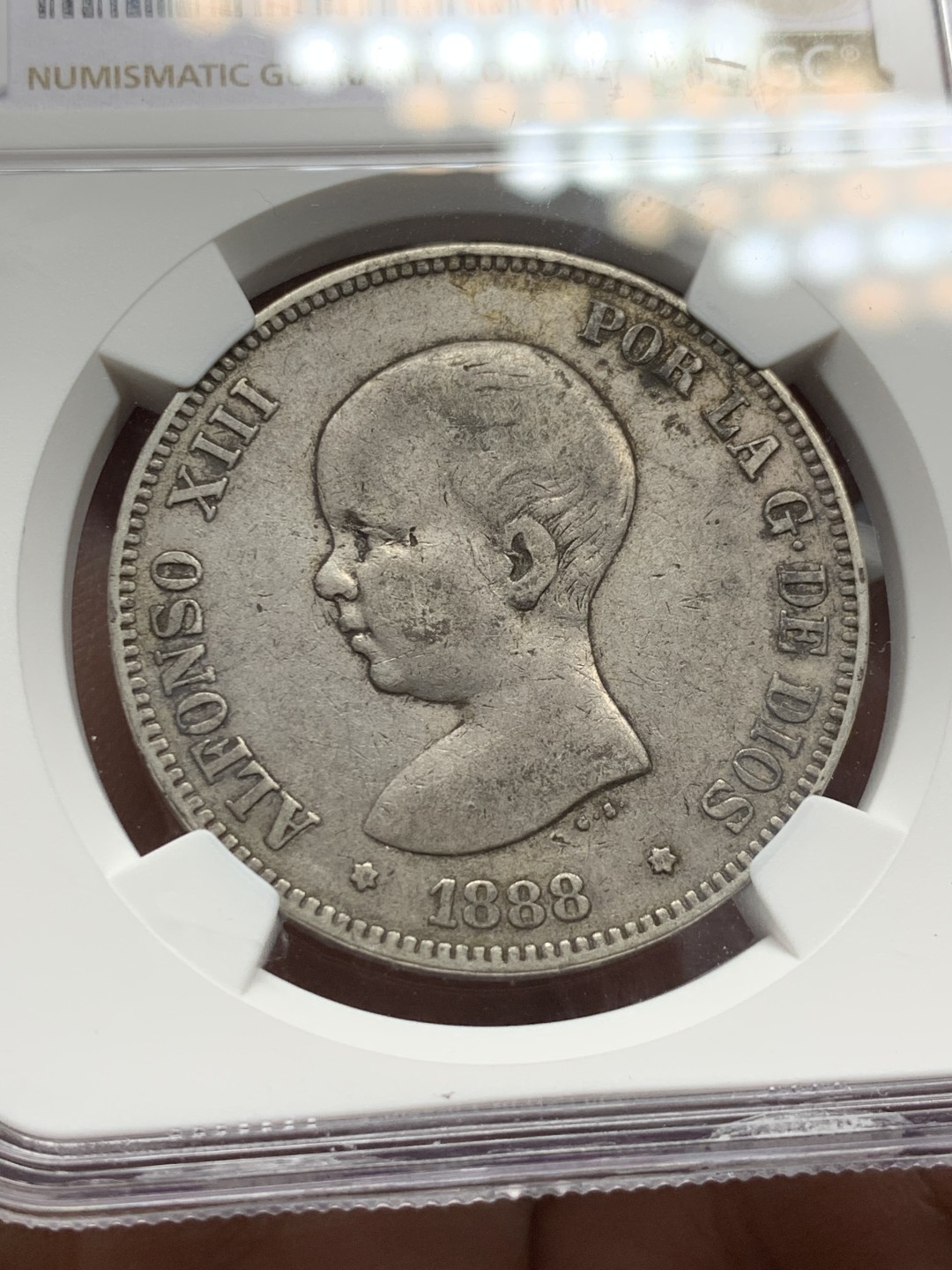 《竞宝斋》第143场-周日，周一 2场 (全场包邮) NGC-XF45 西班牙 1888年 婴儿小光头 5比塞塔 银币