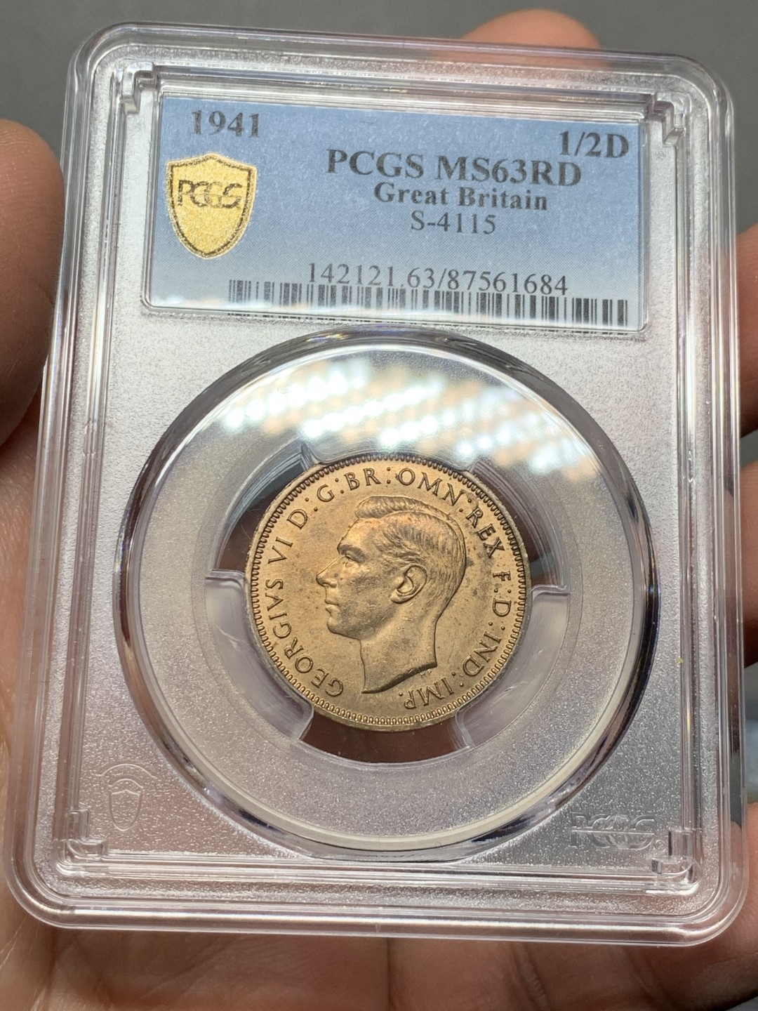 《竞宝斋》第143场-周日，周一 2场 (全场包邮) PCGS-MS63RD 英国 1941年 乔治六世1/2便士铜币。难得满铜光，RD级别很少见。乔六较早期年份，更高分仅2枚，凑套合适