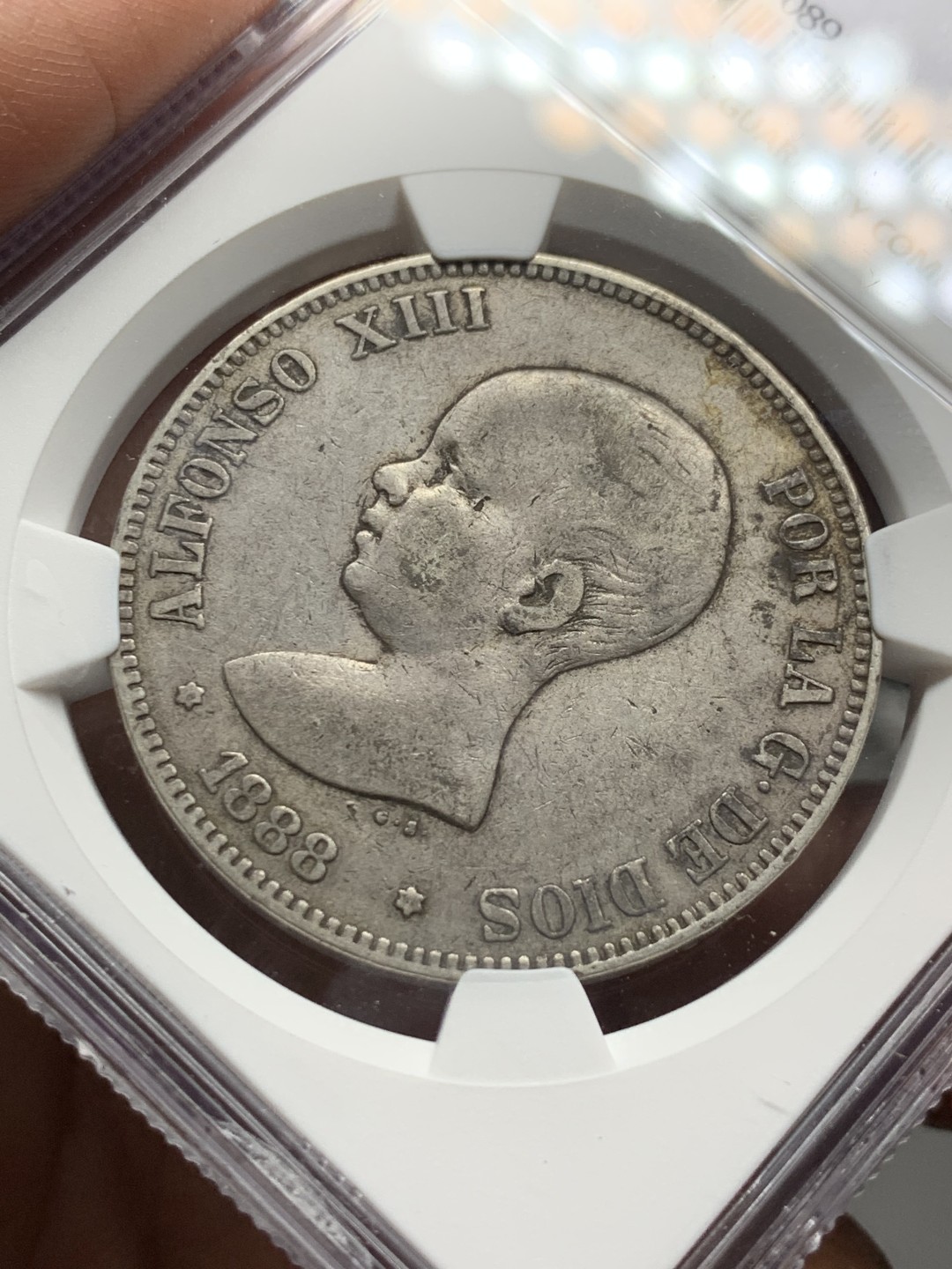 《竞宝斋》第143场-周日，周一 2场 (全场包邮) NGC-XF45 西班牙 1888年 婴儿小光头 5比塞塔 银币